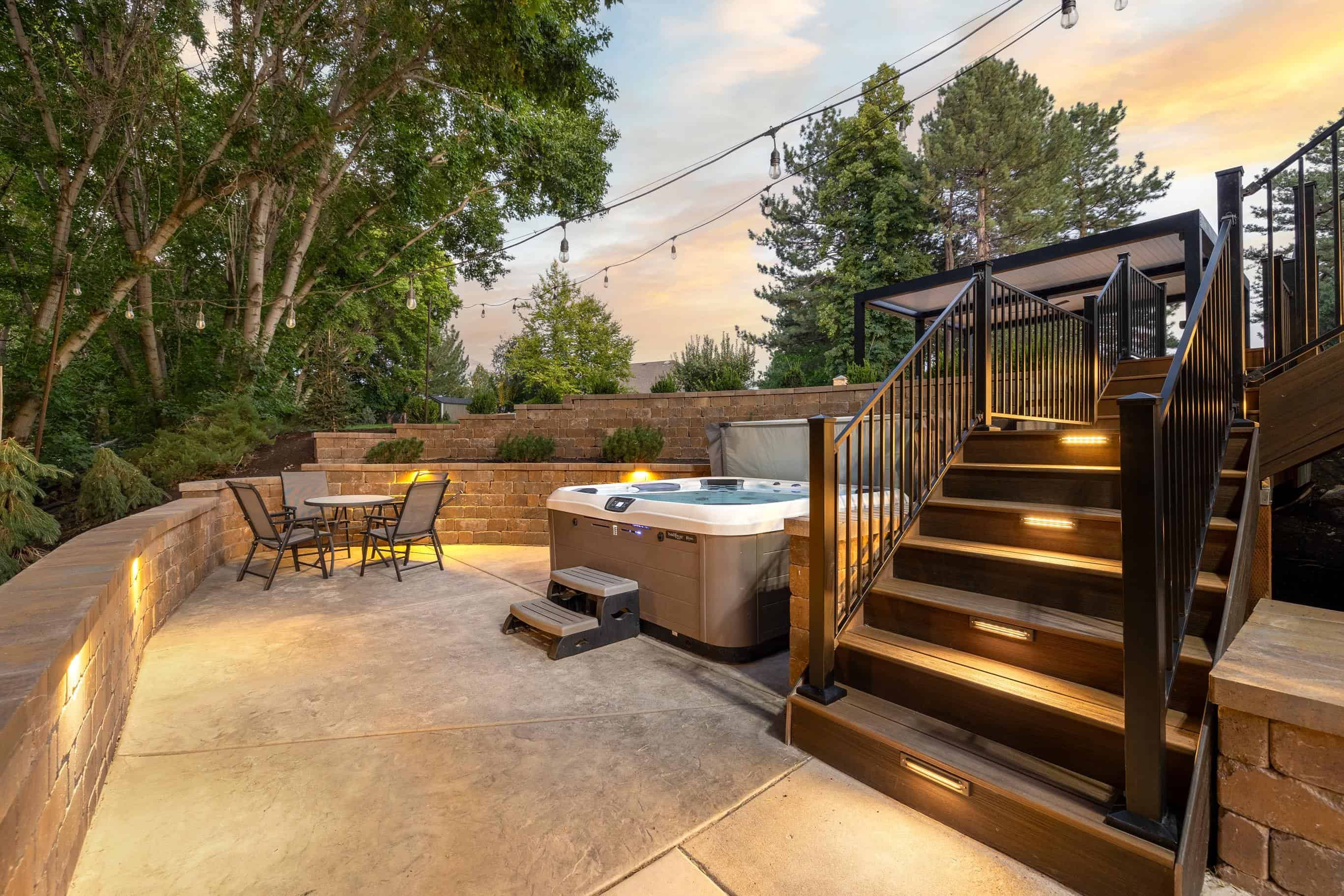 Pavers wall with stamped concrete patio in Murray, Utah.