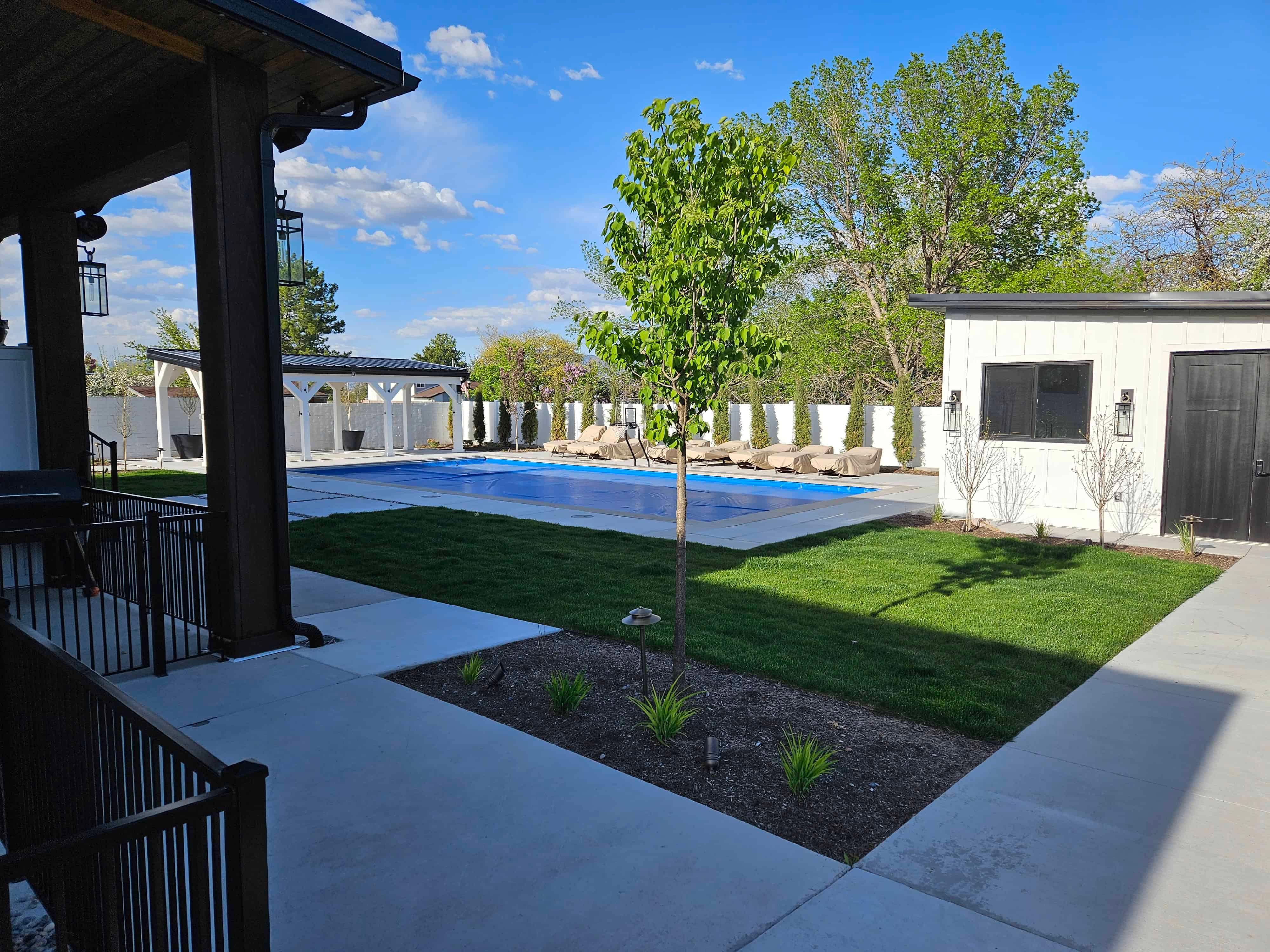 Backyard swimming pool in South Jordan with lush grass and surrounding plants in a custom landscape design.