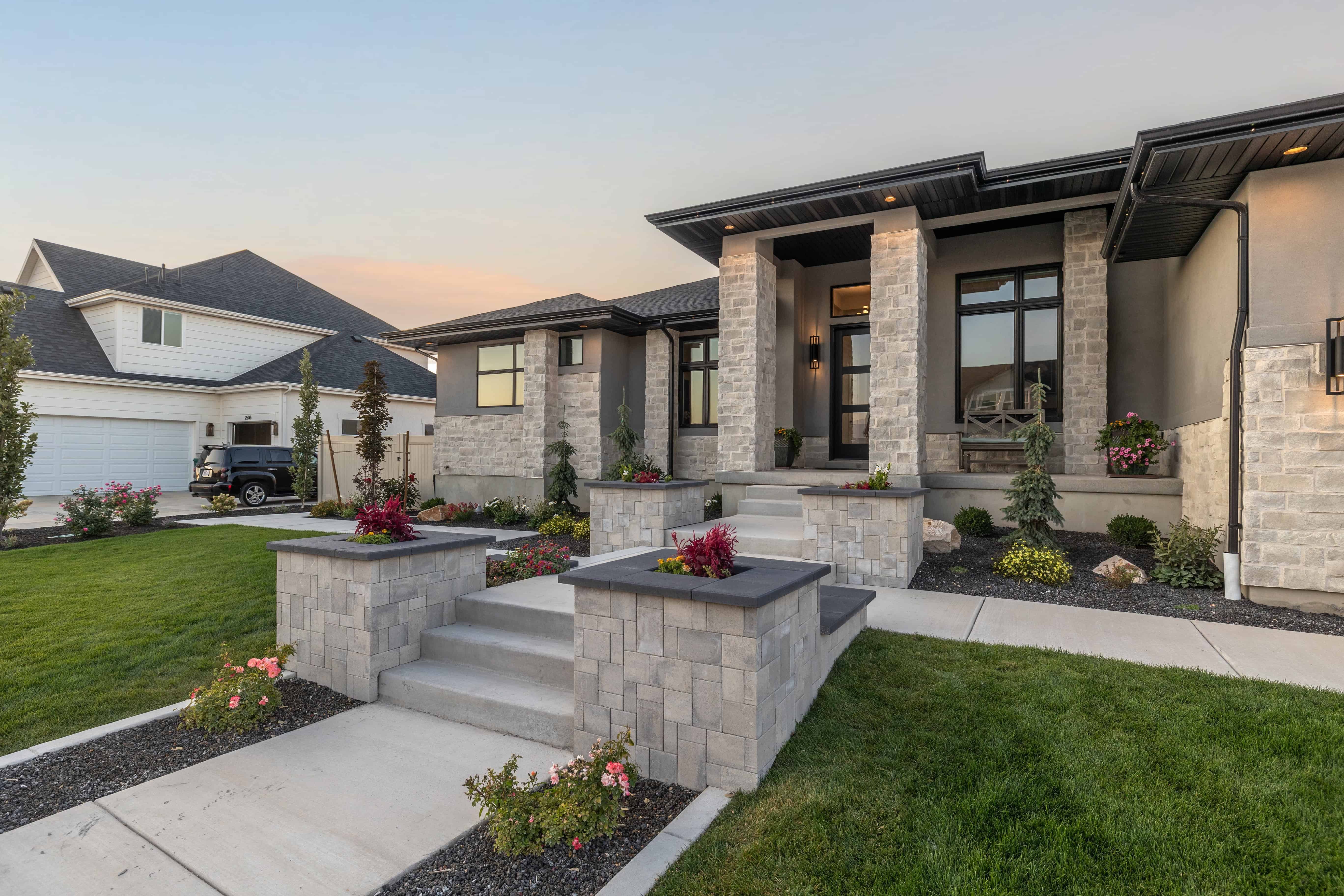Front Walkway with Steps and Paver Planters in Lehi, Utah