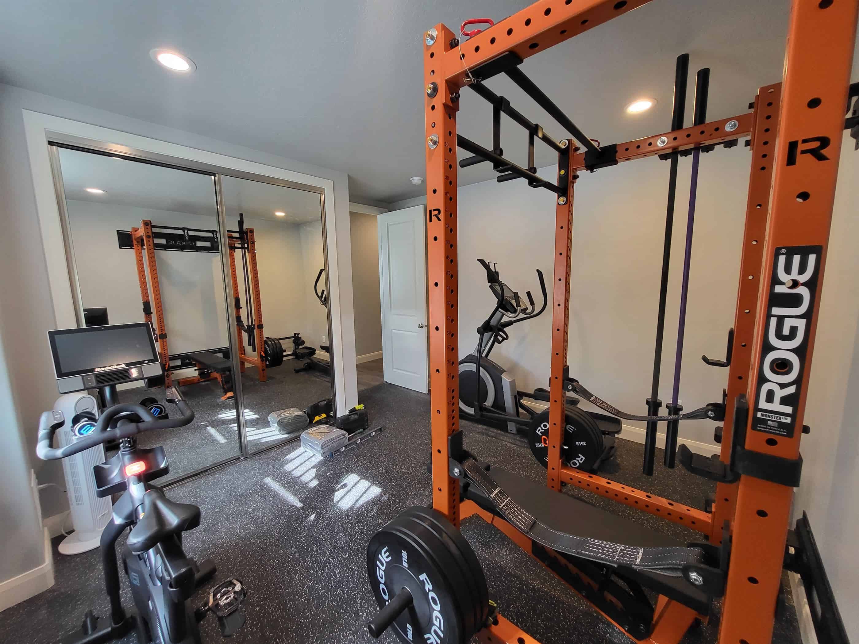 Home fitness area installation in a custom basement remodeling project in Salt Lake City.