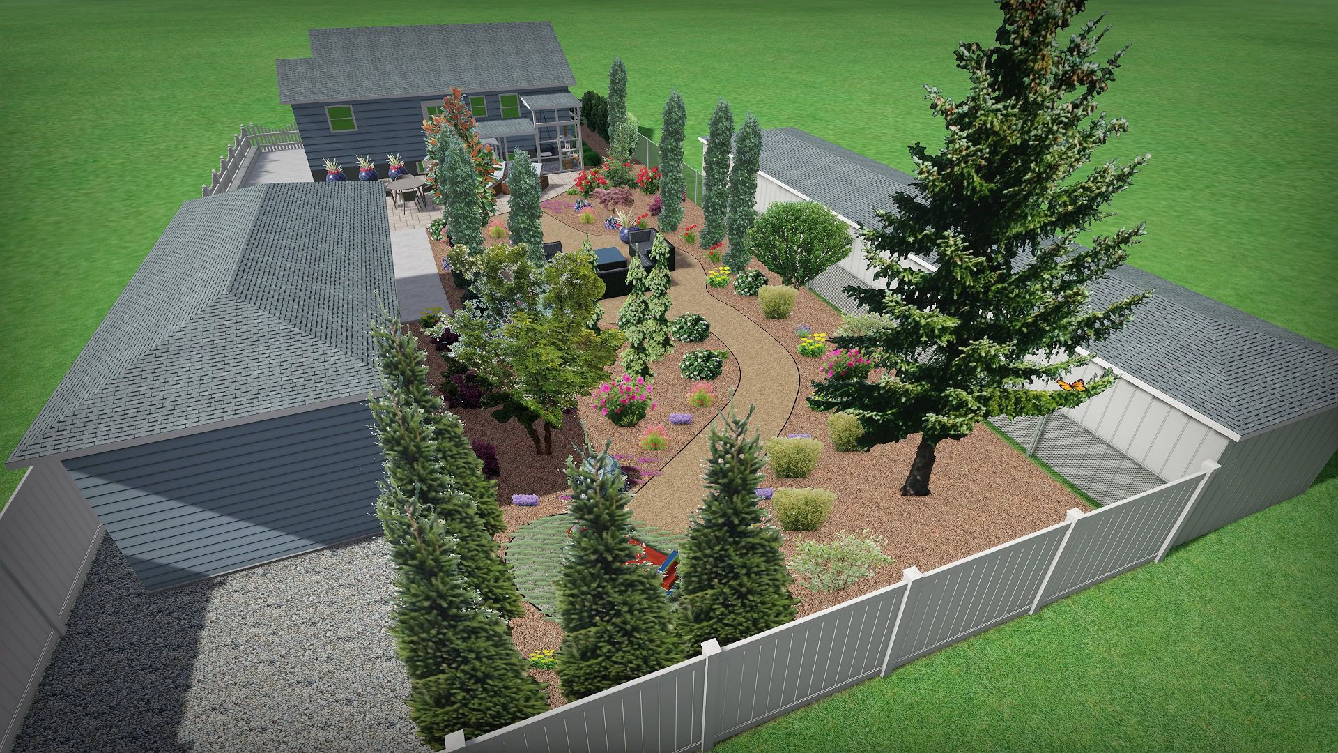 Top-down 3D landscape design rendering in Millcreek showing backyard xeriscape and garage layout toward the house.