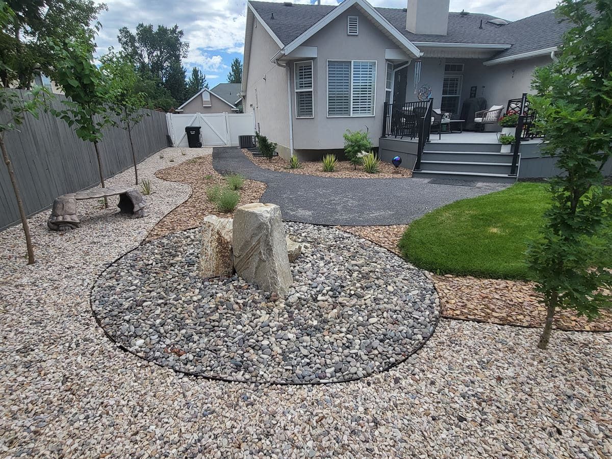 Gravel pathway in a xeriscaped yard, Salt Lake City. Custom Landscape Design by Pitt Landscape.
