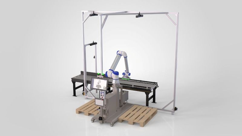 AnyStack LITE cell: a collaborative robot arm on a pedestal between two pallets, with an infeed conveyor