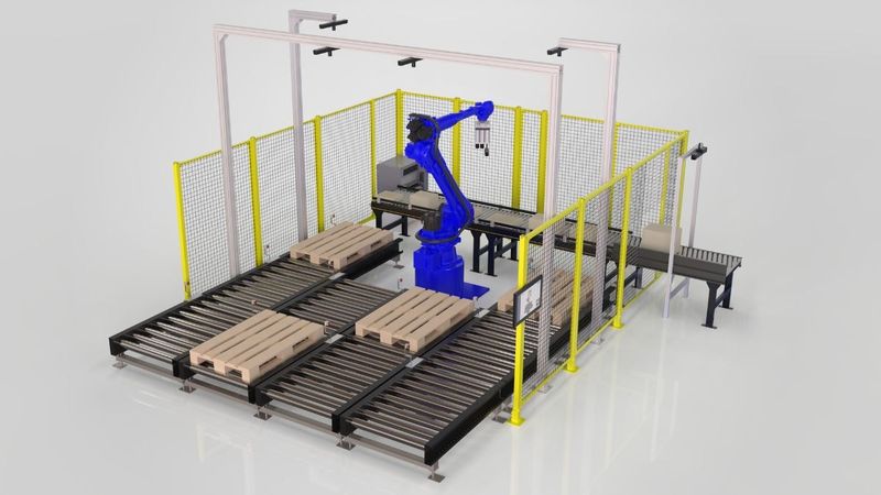 AnyStack PRO cell: an industrial robot arm inside a fenced cell with four pallet positions on roller conveyors