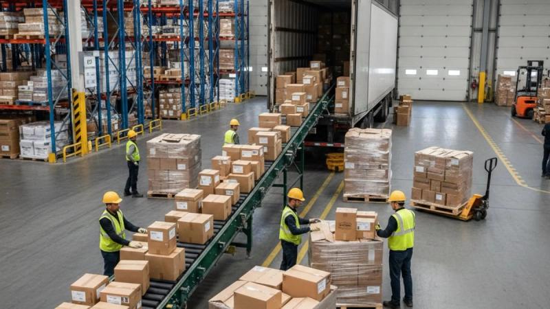 Workers unloading cases from a truck at a warehouse inbound dock and stacking them on pallets by hand