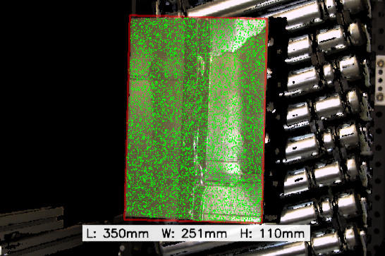 3D vision view of a case on a roller conveyor, measured at 350 mm long, 251 mm wide and 110 mm high