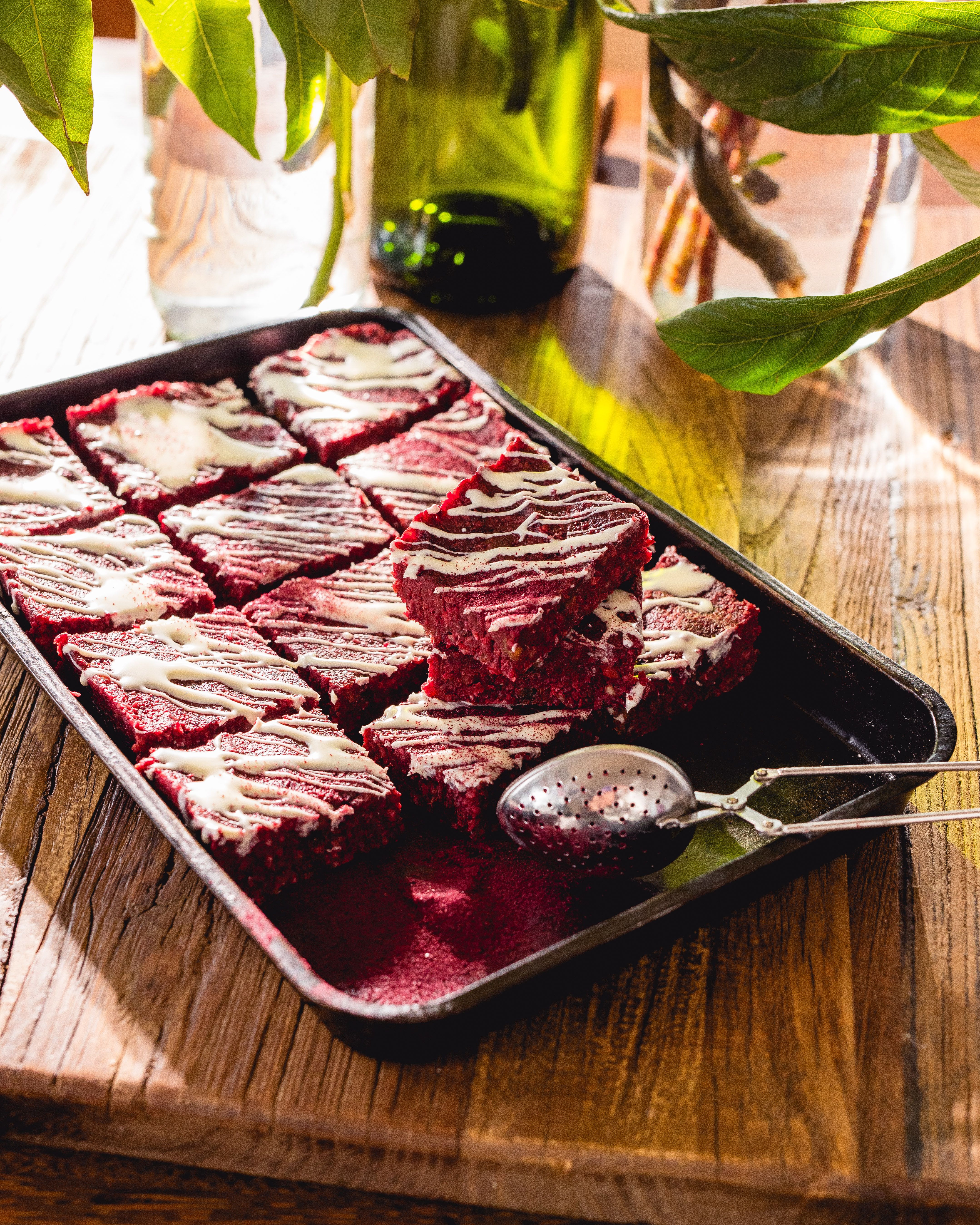 Raw Red Velvet Plum Slice cut into cubes ready to serve