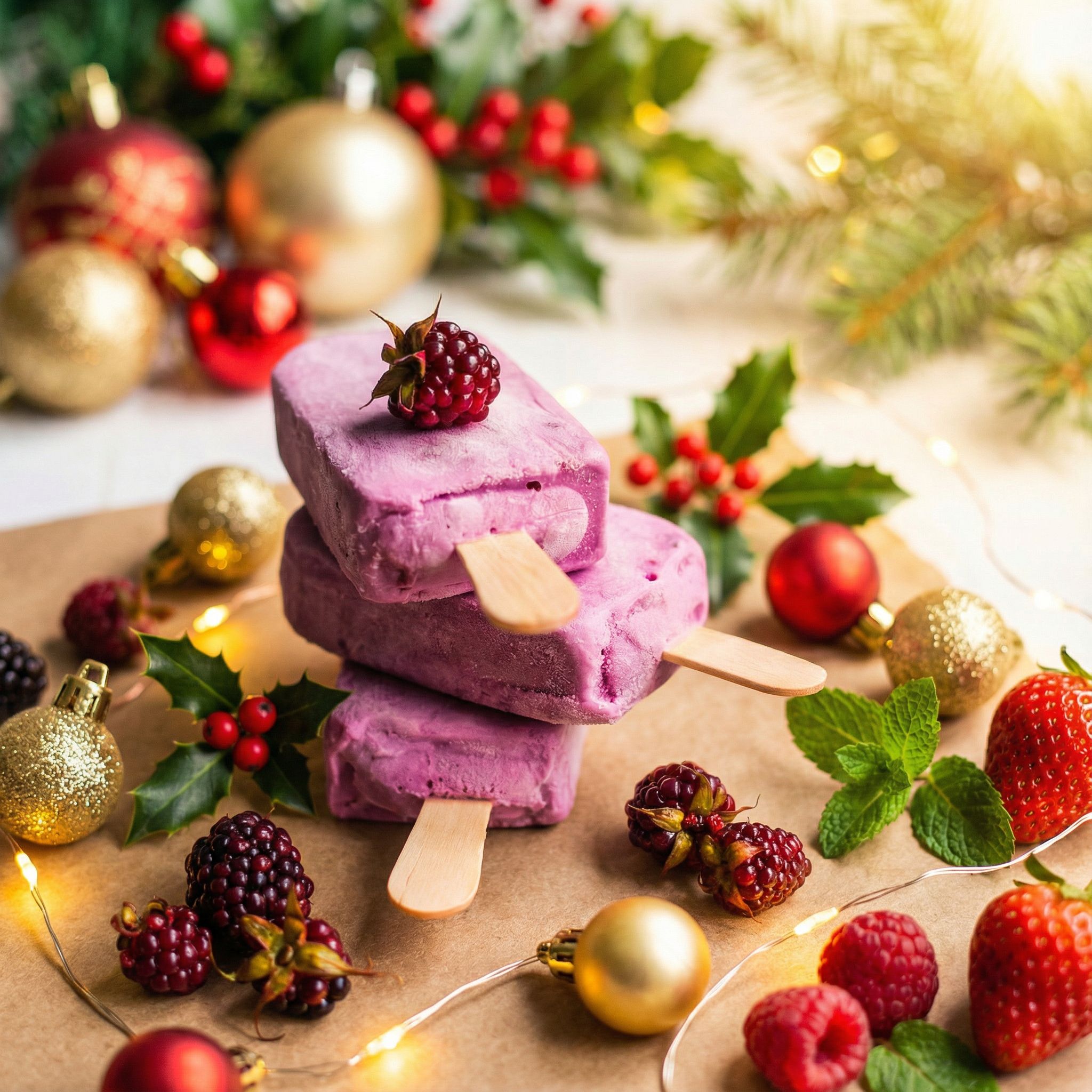 Three Queen Garnet Berry Surprise Popsicles sitting on a wooden table, with berries and leaves sitting around the popsicle