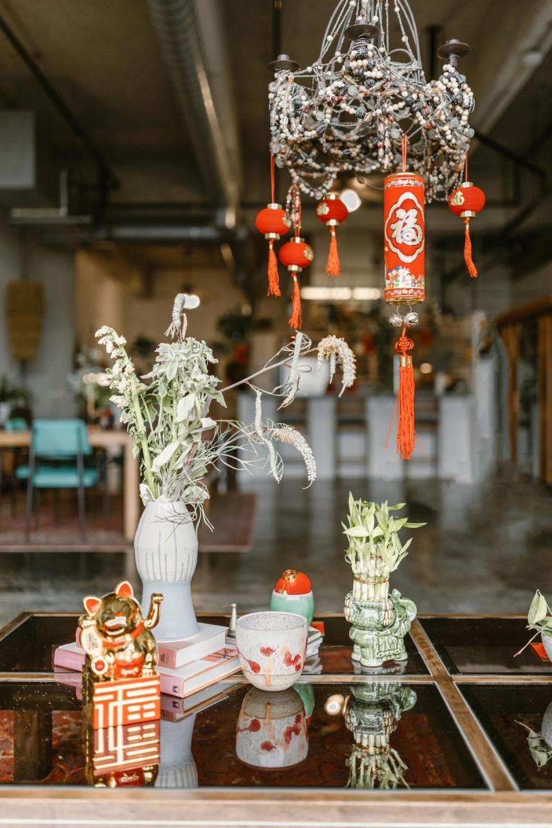 Subtle classical elements like a bagua mirror and a wooden compass are present, reflecting an ancient and harmonious connection to nature and traditional aesthetics.