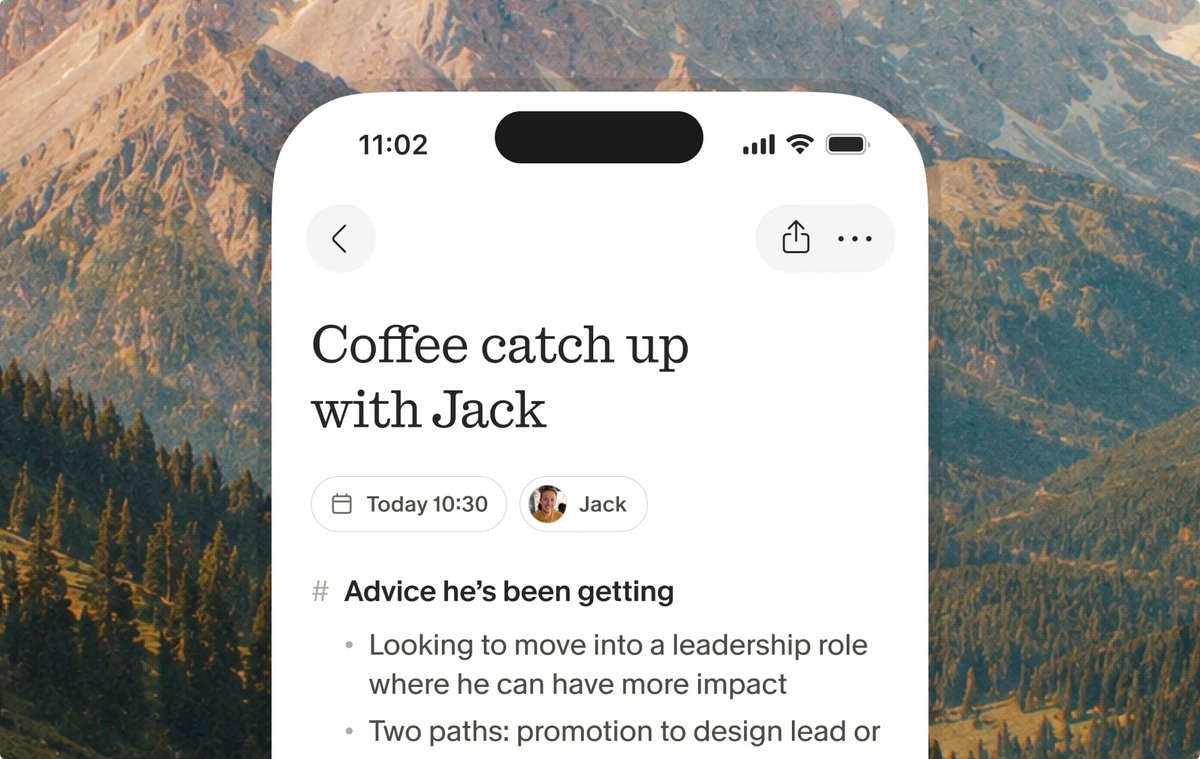 The Granola mobile app showing notes from an in-person coffee meeting