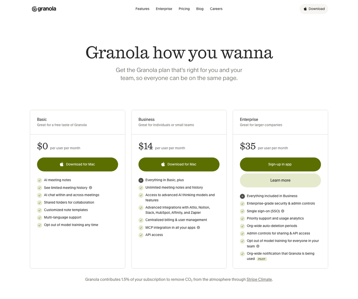 Granola pricing page showing the free Basic plan and paid Business and Enterprise plans