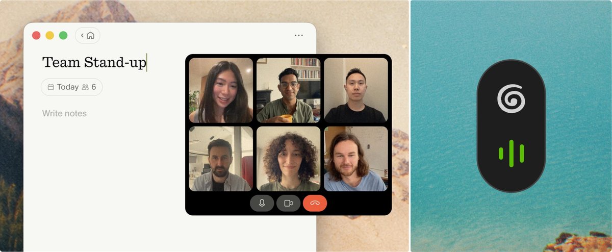 A Granola note beside a video call while the app transcribes in the background