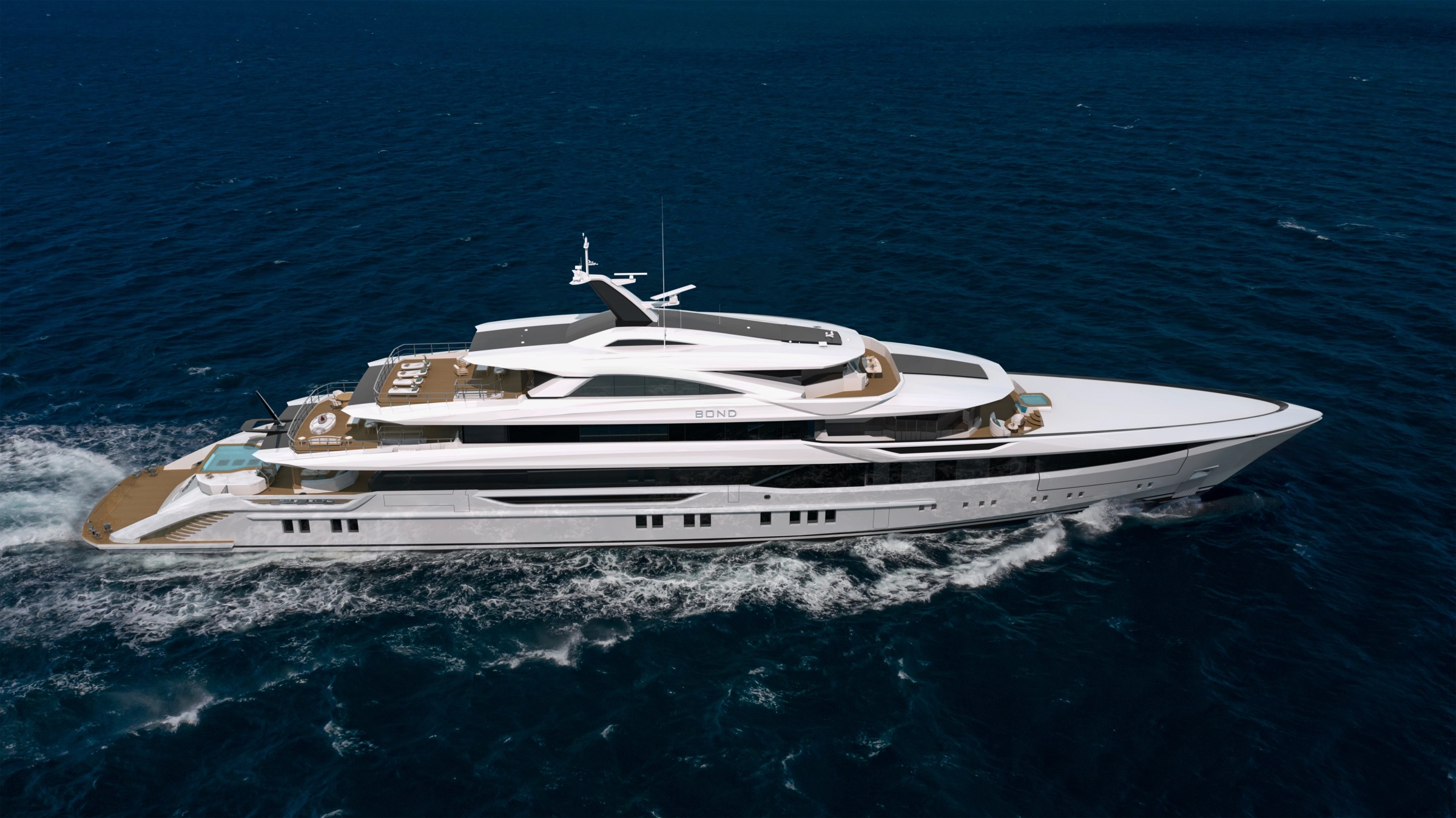Exterior rendering of Project Bond's upper decks, the 82m Bilgin flagship by H2 Yacht Design