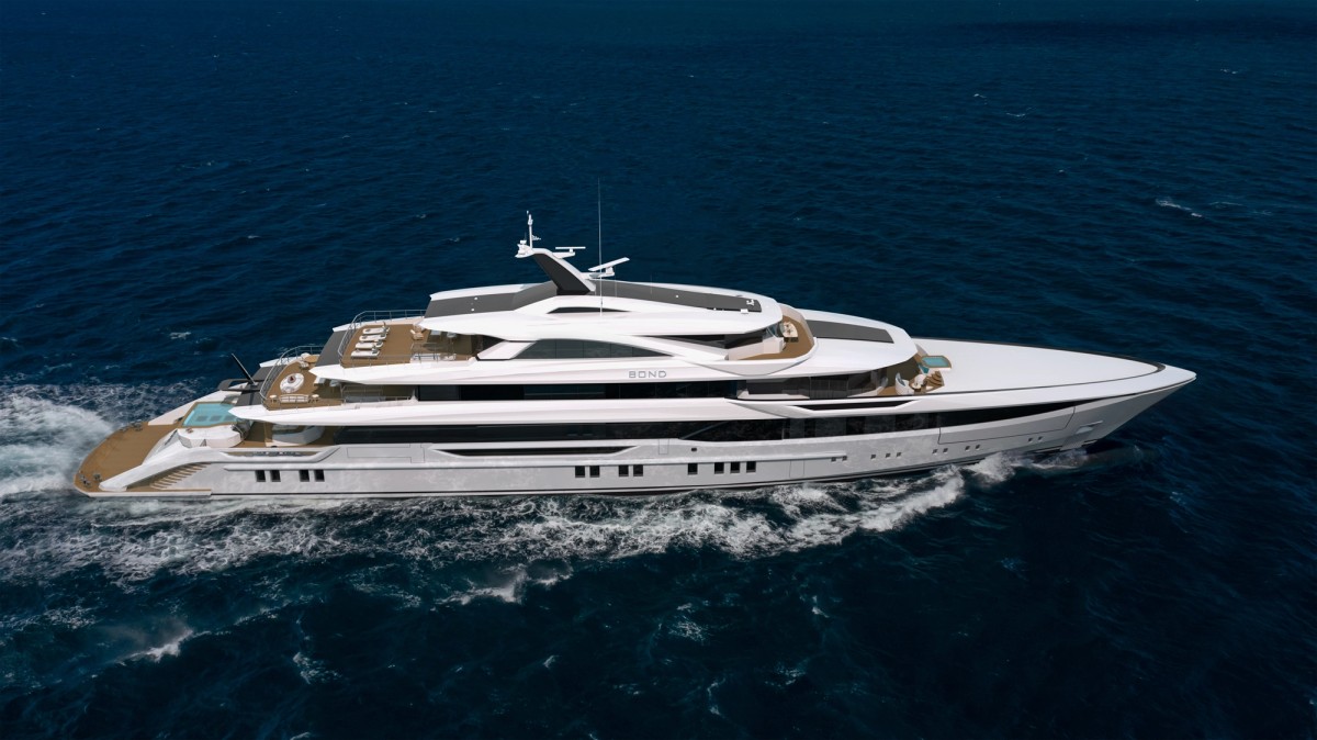 Exterior rendering of Project Bond's upper decks, the 82m Bilgin flagship by H2 Yacht Design