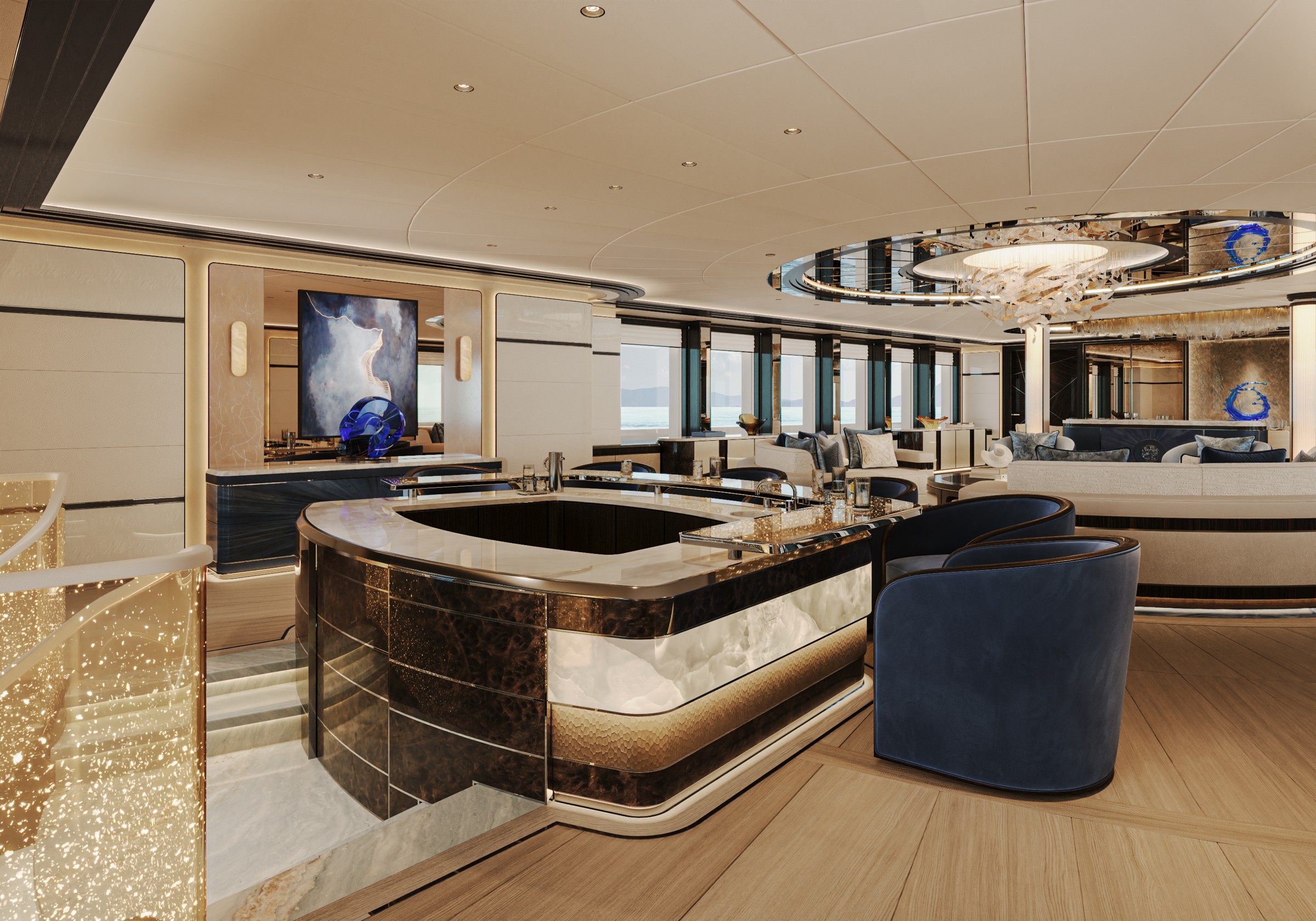 Main saloon bar aboard 82m superyacht Project Bond, art deco detailing by H2 Yacht Design