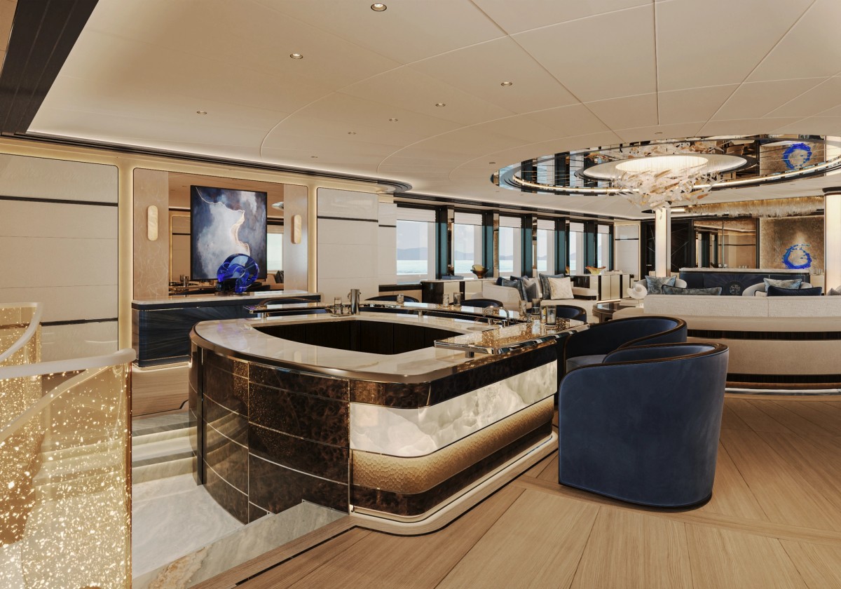 Main saloon bar aboard 82m superyacht Project Bond, art deco detailing by H2 Yacht Design