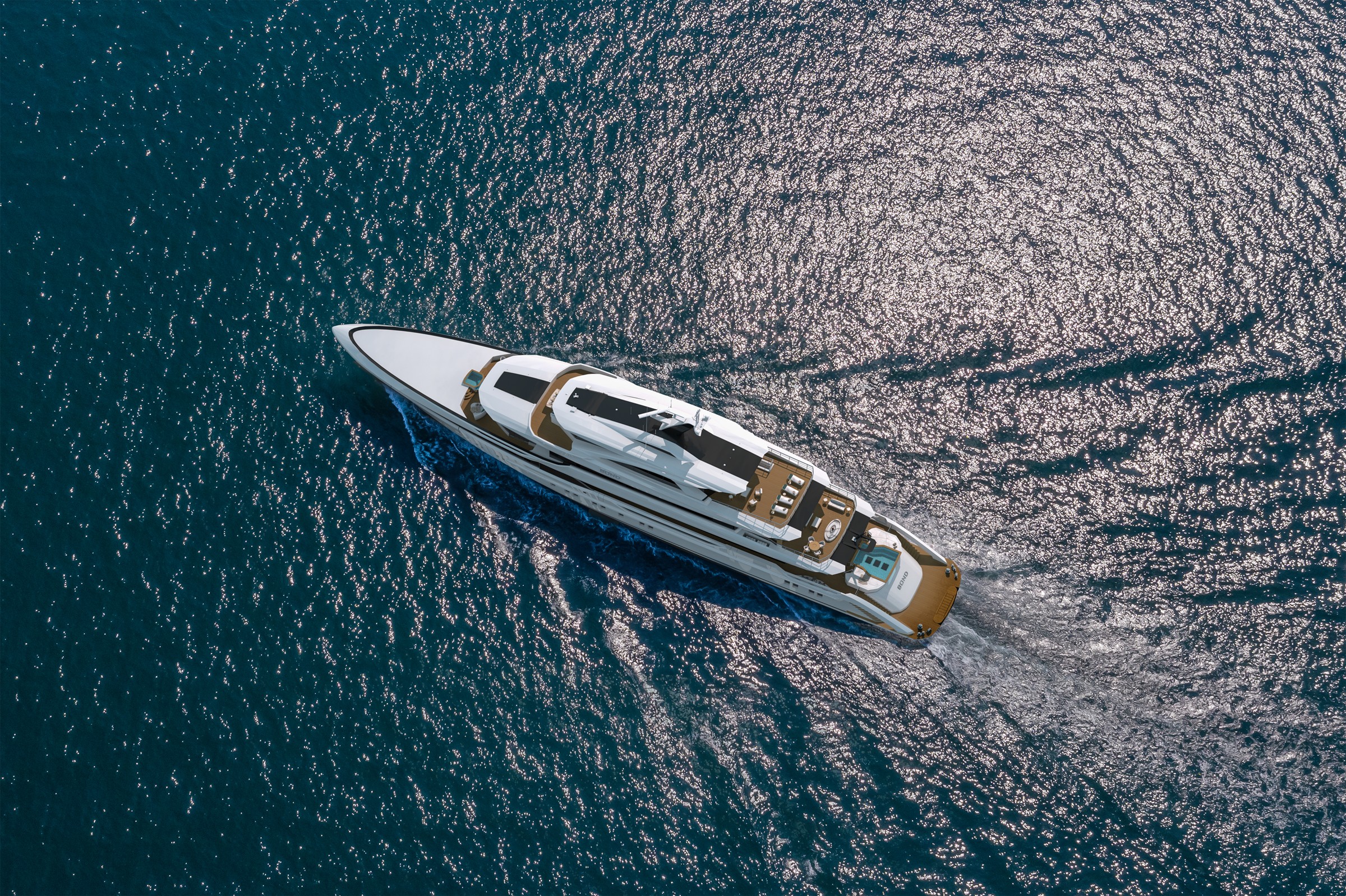 Exterior rendering of the 82m Bilgin superyacht Project Bond showing its tri-deck profile