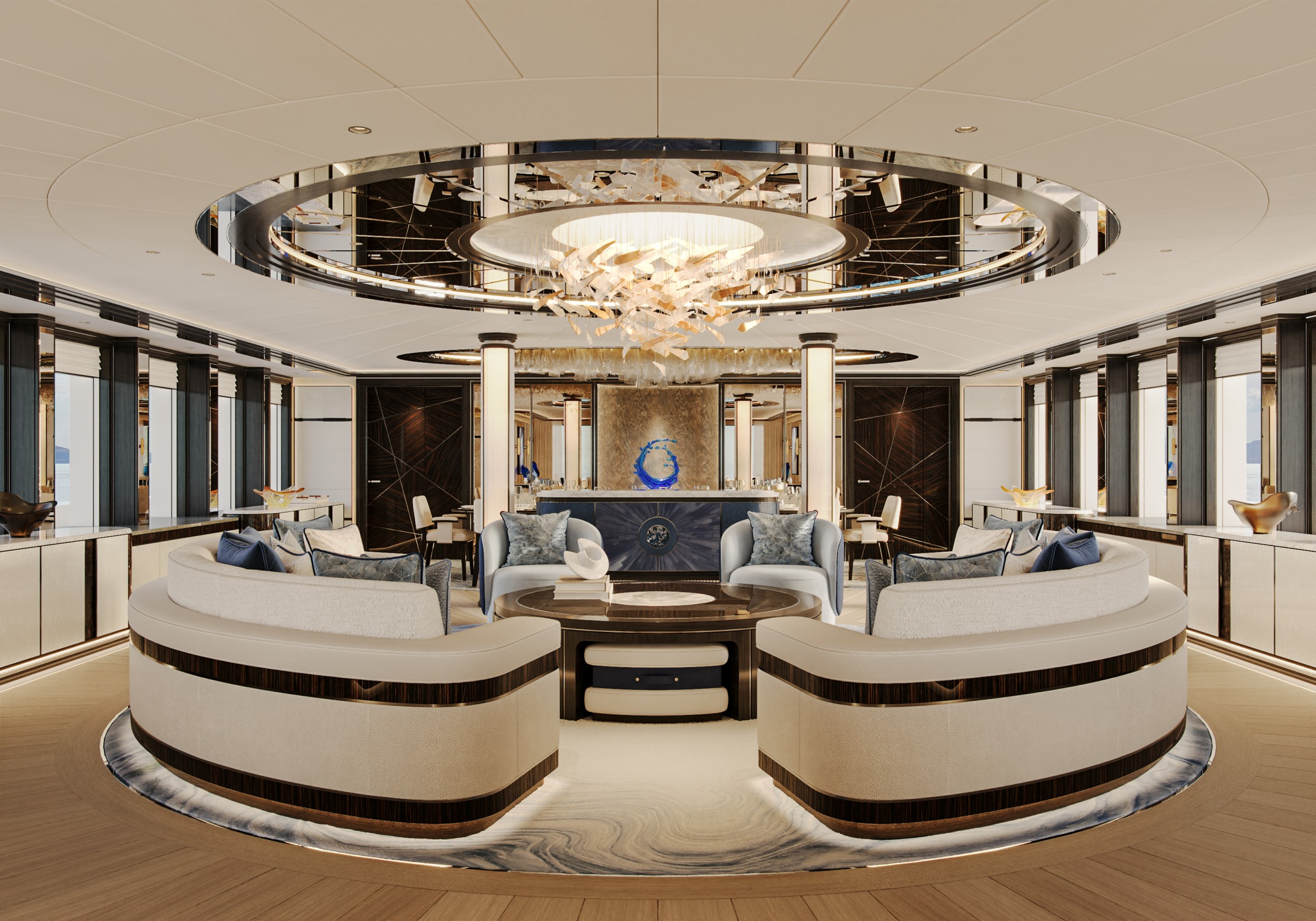 Main deck saloon of 82m superyacht Project Bond with modern art deco interior by H2 Yacht Design