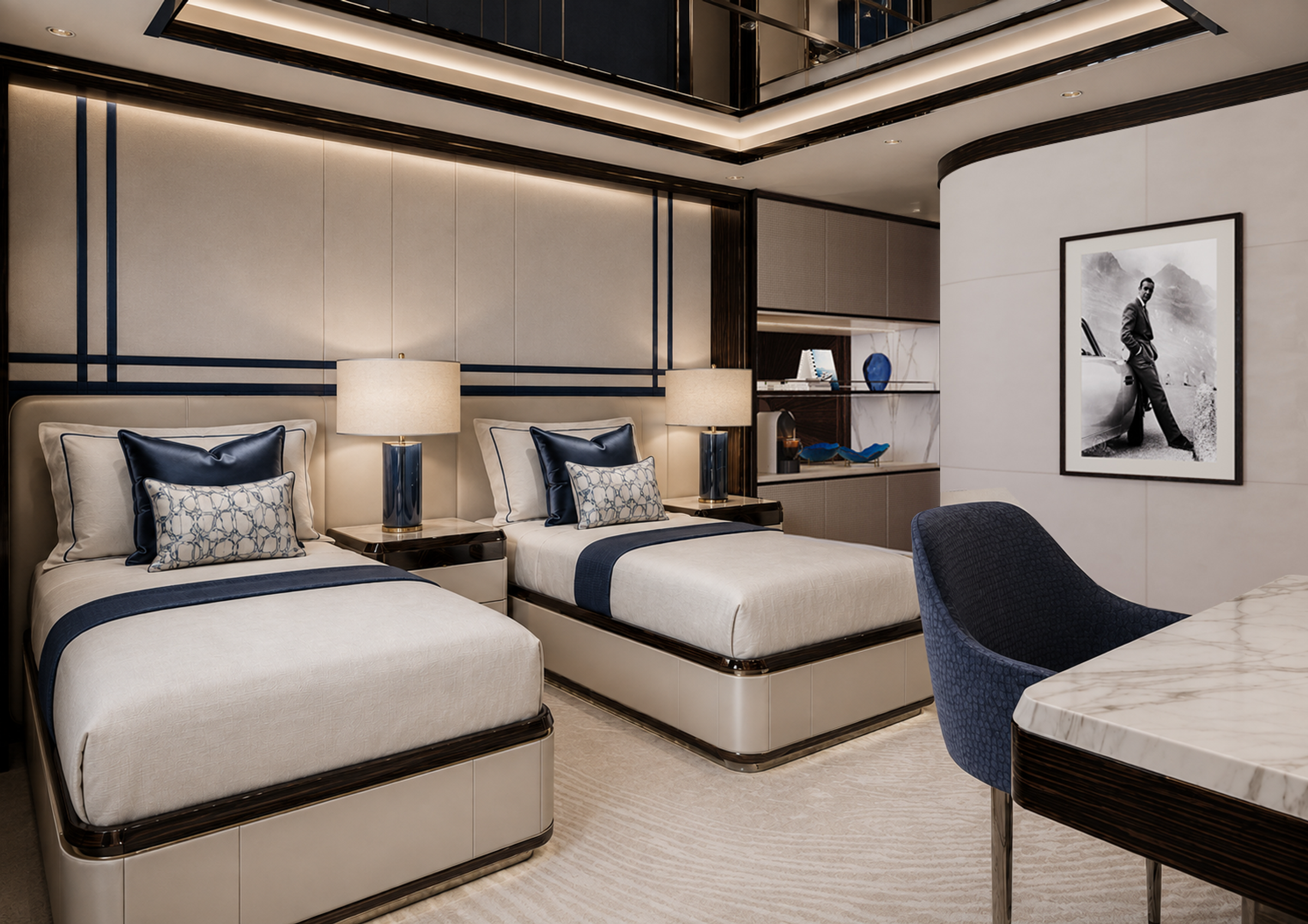 Twin guest cabin aboard 82m superyacht Project Bond, interior design by H2 Yacht Design