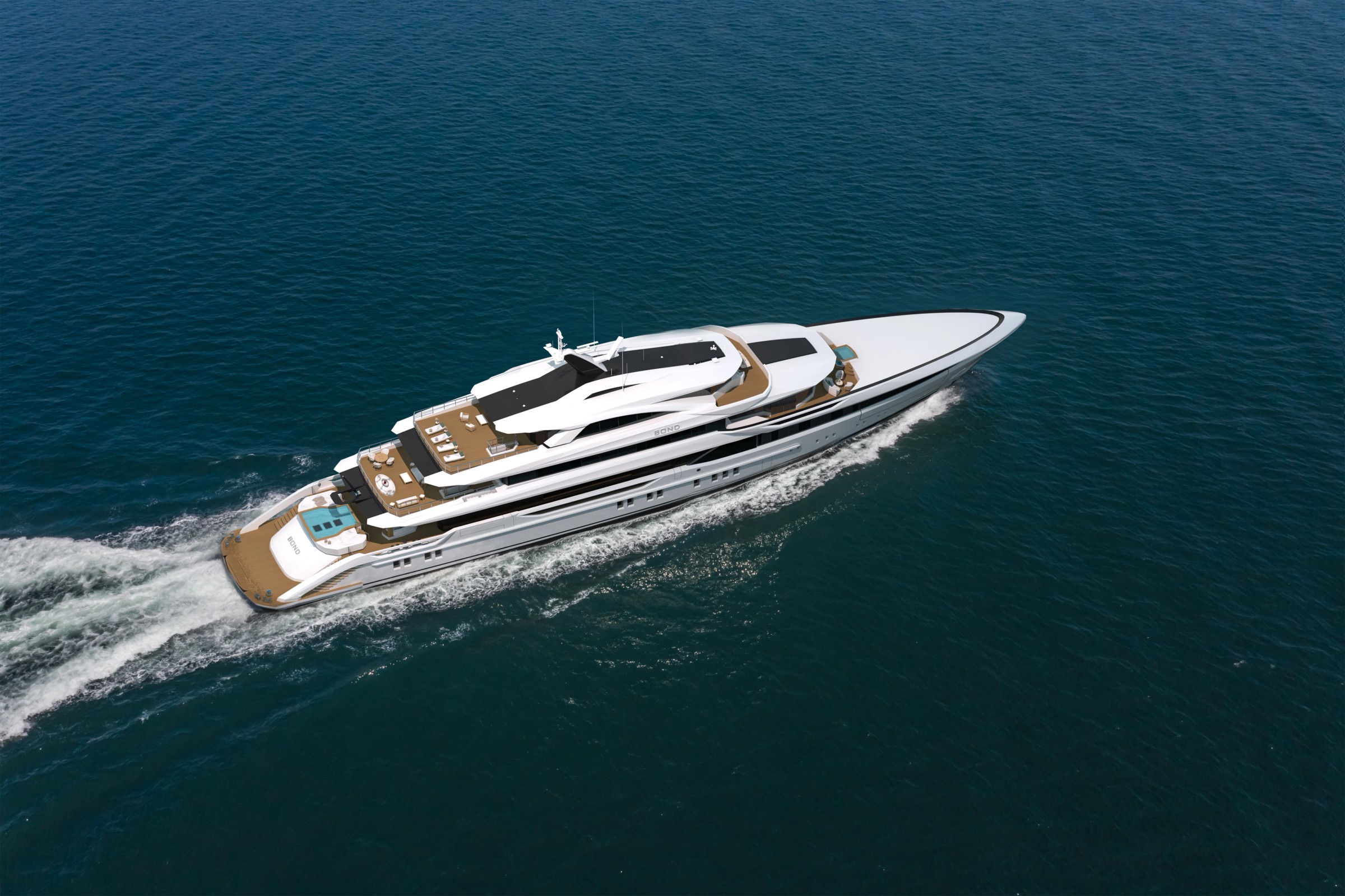 Exterior rendering of 82m superyacht Project Bond viewed from the bow quarter