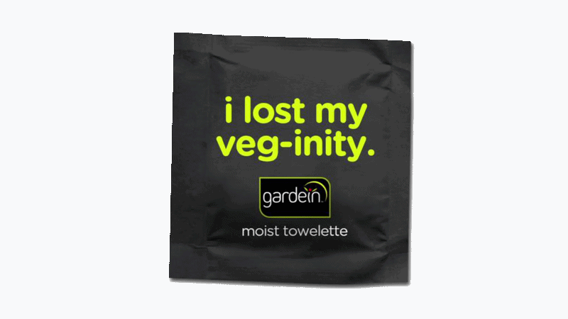 Animated Gardein campaign visual featuring a branded moist towelette packet with the message “I lost my veg-inity,” representing a bold, humorous plant-based positioning