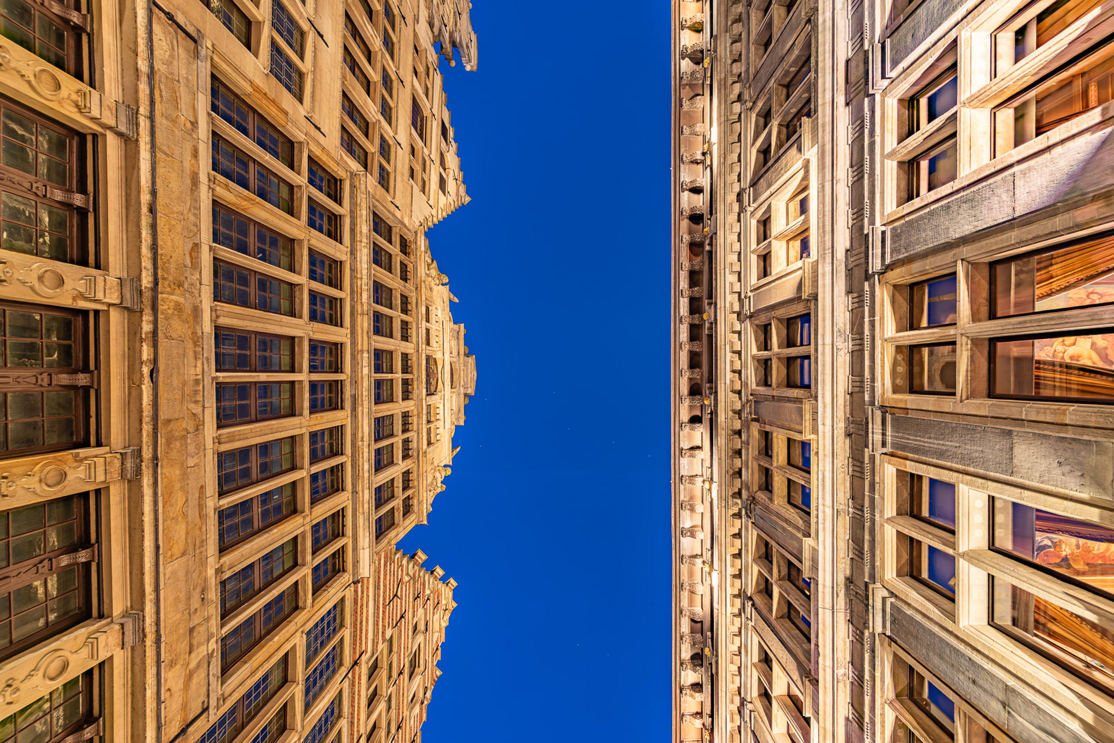 The backside of Antwerp's Renaissance city hall photographed from a low angle in a narrow alleyway, The ornate stonework compressed against a blue narrow strip of an early night sky during magic hour.