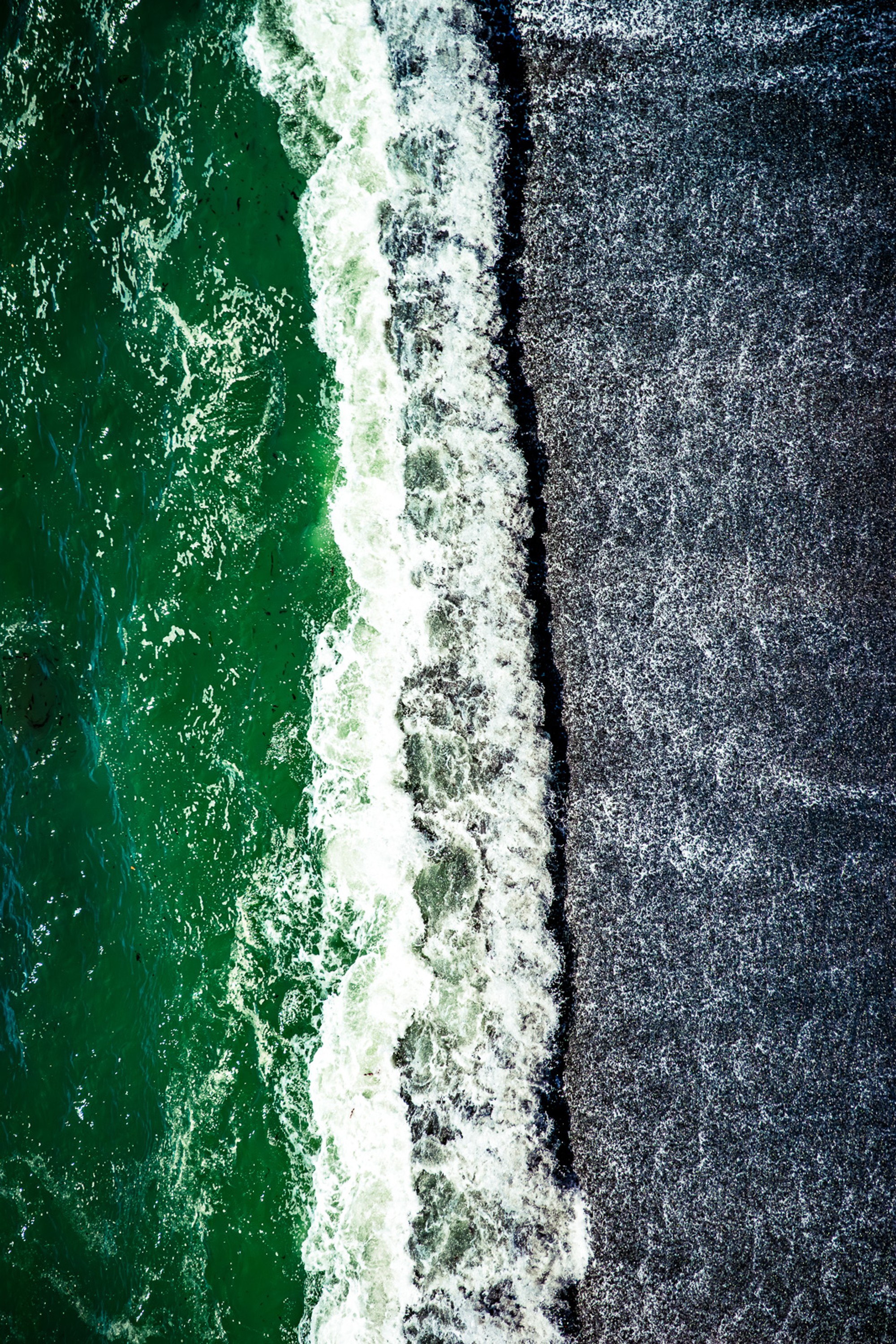 The dark volcanic sand of a Point Reyes beach against the saturated green of the sea-grass above the tideline. A colour combination that doesn't appear in most beach photographs - the Pacific coast at its most specific.