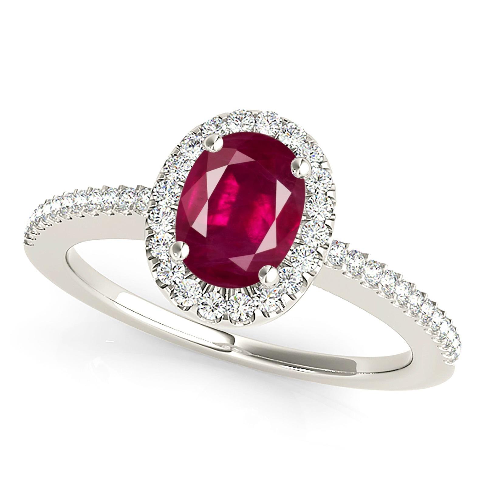 1.00 ct. Genuine Oval Ruby Ring With 0.20 ctw. Diamond Halo And Delicate Diamond Band-VIRABYANI