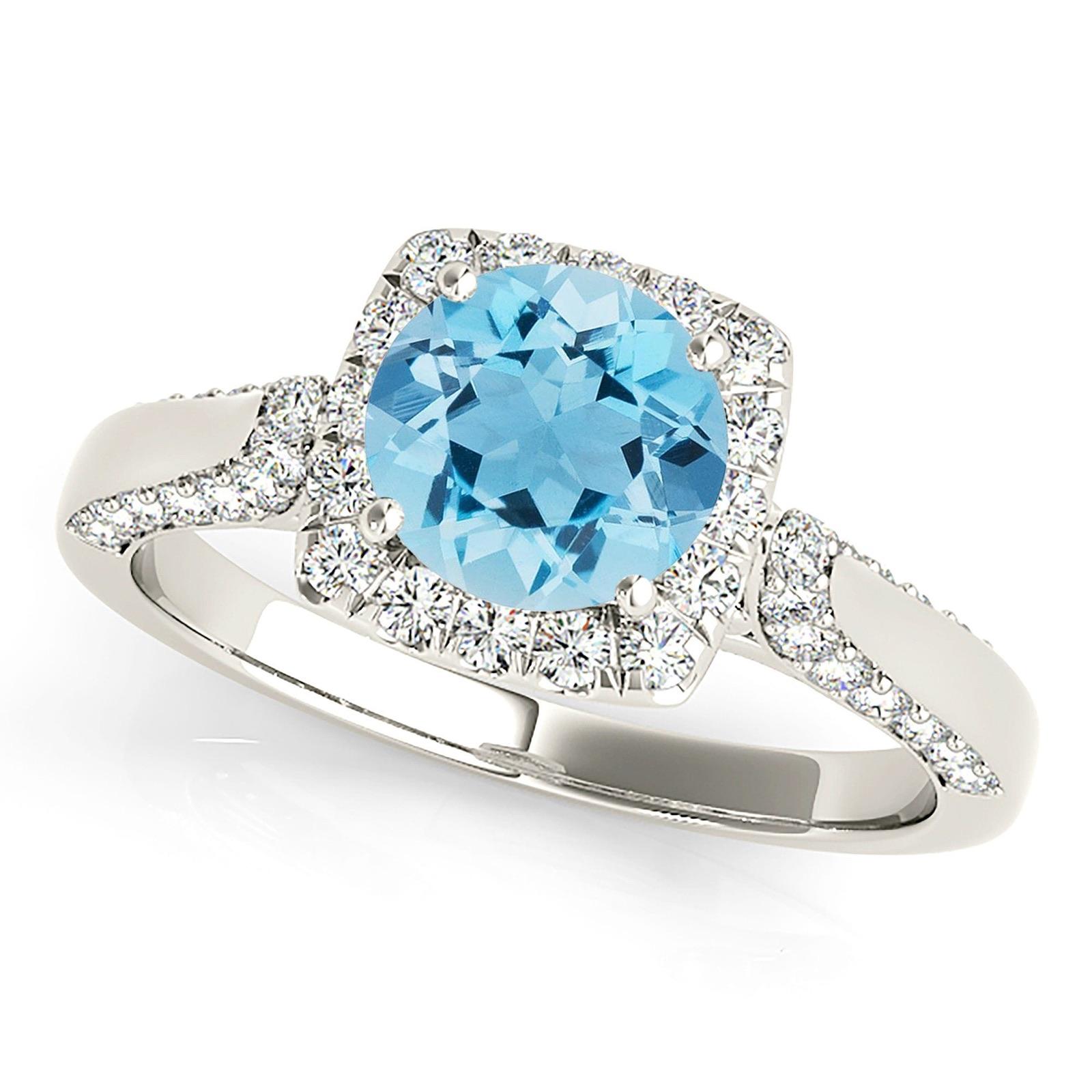 1.75 ct. Genuine Aquamarine Ring with 0.55 ctw. Diamond Cushion Halo And Modern Diamond Band | Round Blue Aquamarine Halo Ring-VIRABYANI
