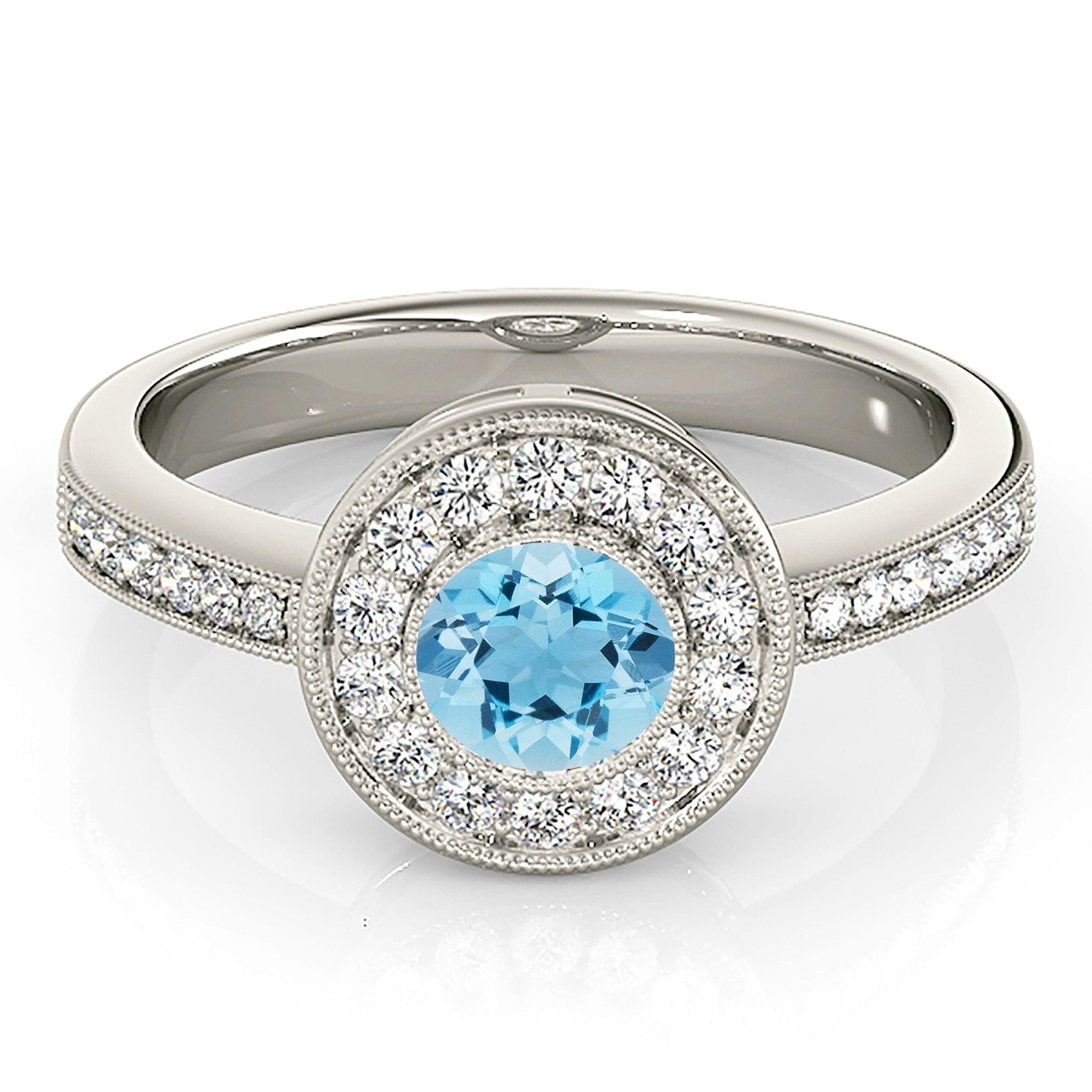 1.00 ct. Genuine Aquamarine Ring With 0.25 ctw. Diamond Milgrain Bezel Halo And Delicate Diamond Band | Round Blue Aquamarine Halo Ring-VIRABYANI