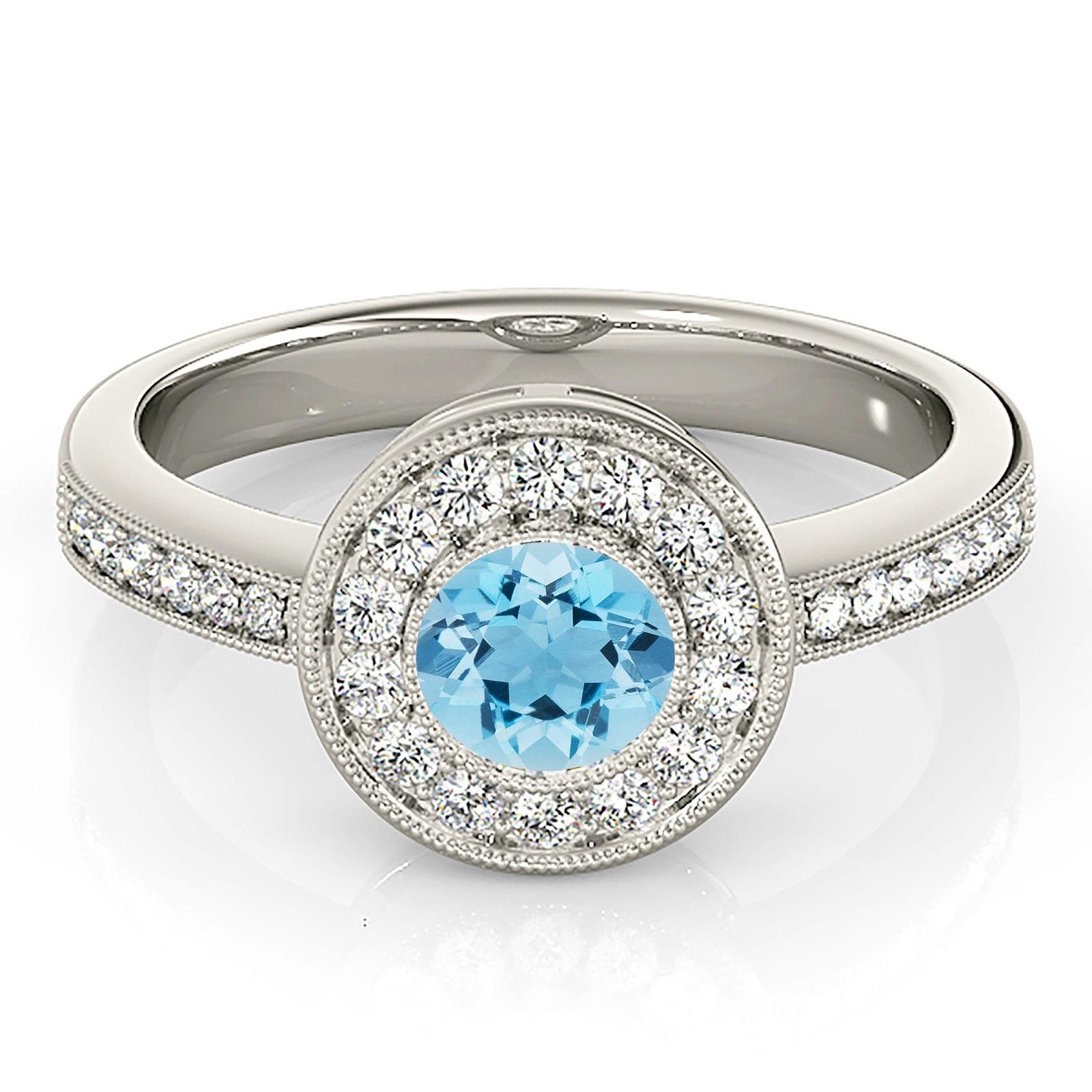 1.00 ct. Genuine Aquamarine Ring With 0.25 ctw. Diamond Milgrain Bezel Halo And Delicate Diamond Band | Round Blue Aquamarine Halo Ring-VIRABYANI