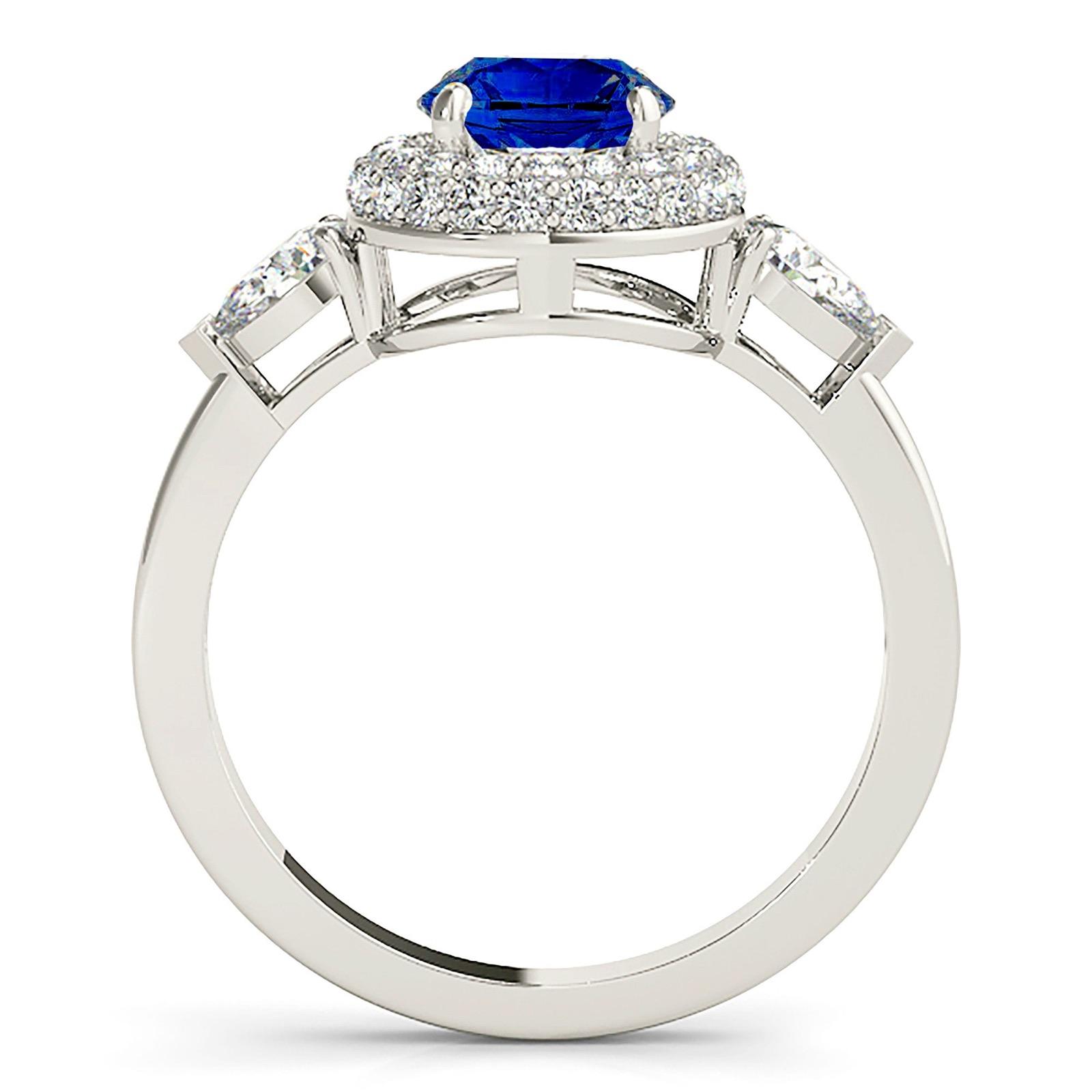 1.35 ct. Genuine Blue Sapphire Pave Set Halo Ring with 0.90 ctw. Round and Pear Shape Side Diamonds-VIRABYANI
