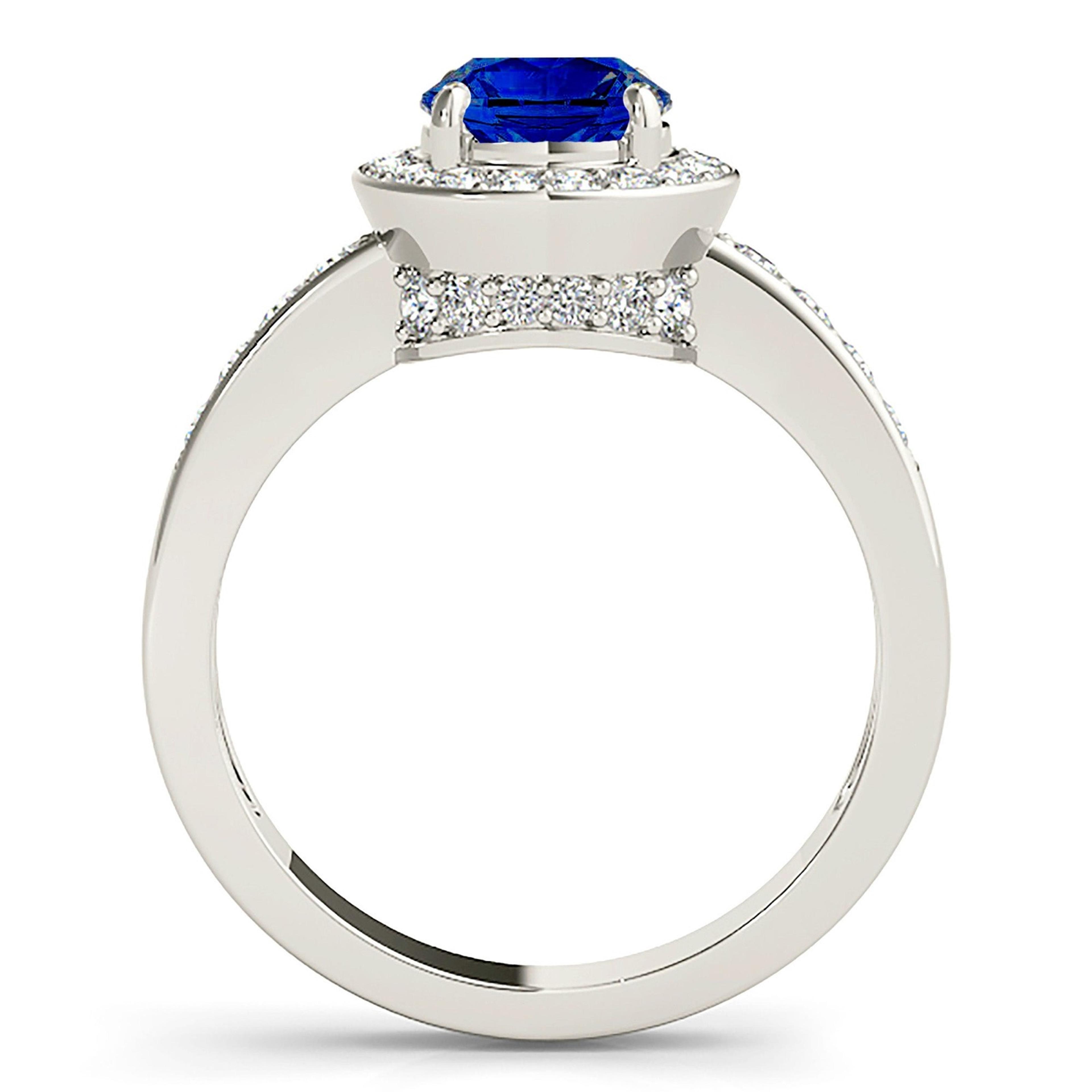 1.80 ct. Genuine Blue Sapphire Halo Engagement Ring With 0.50 ctw. Side and Under Halo Diamonds-VIRABYANI