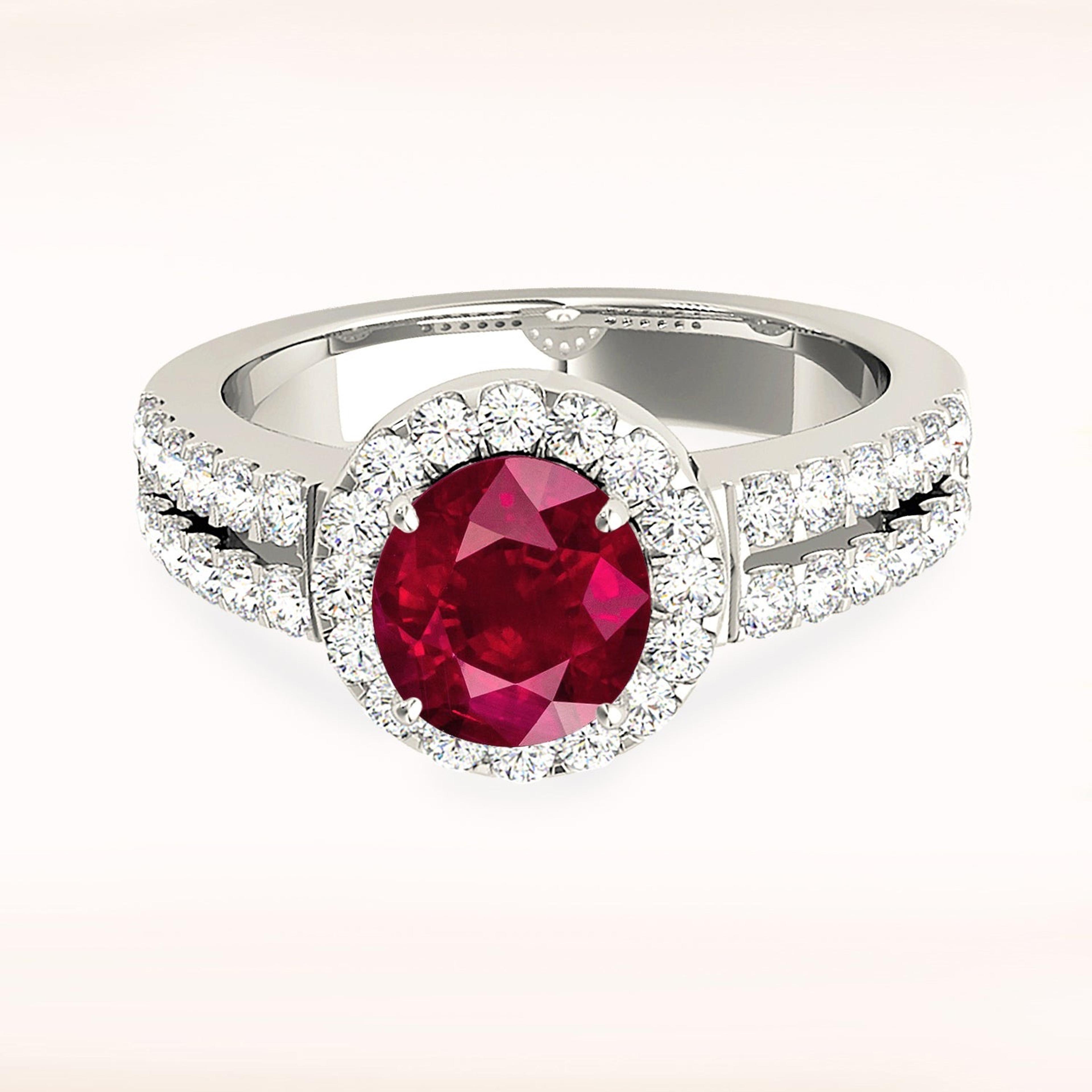 1.35 ct. Genuine Ruby Ring With 0.40 ctw. Diamond Halo And Double row Diamond Band | Round Ruby Halo Ring-VIRABYANI