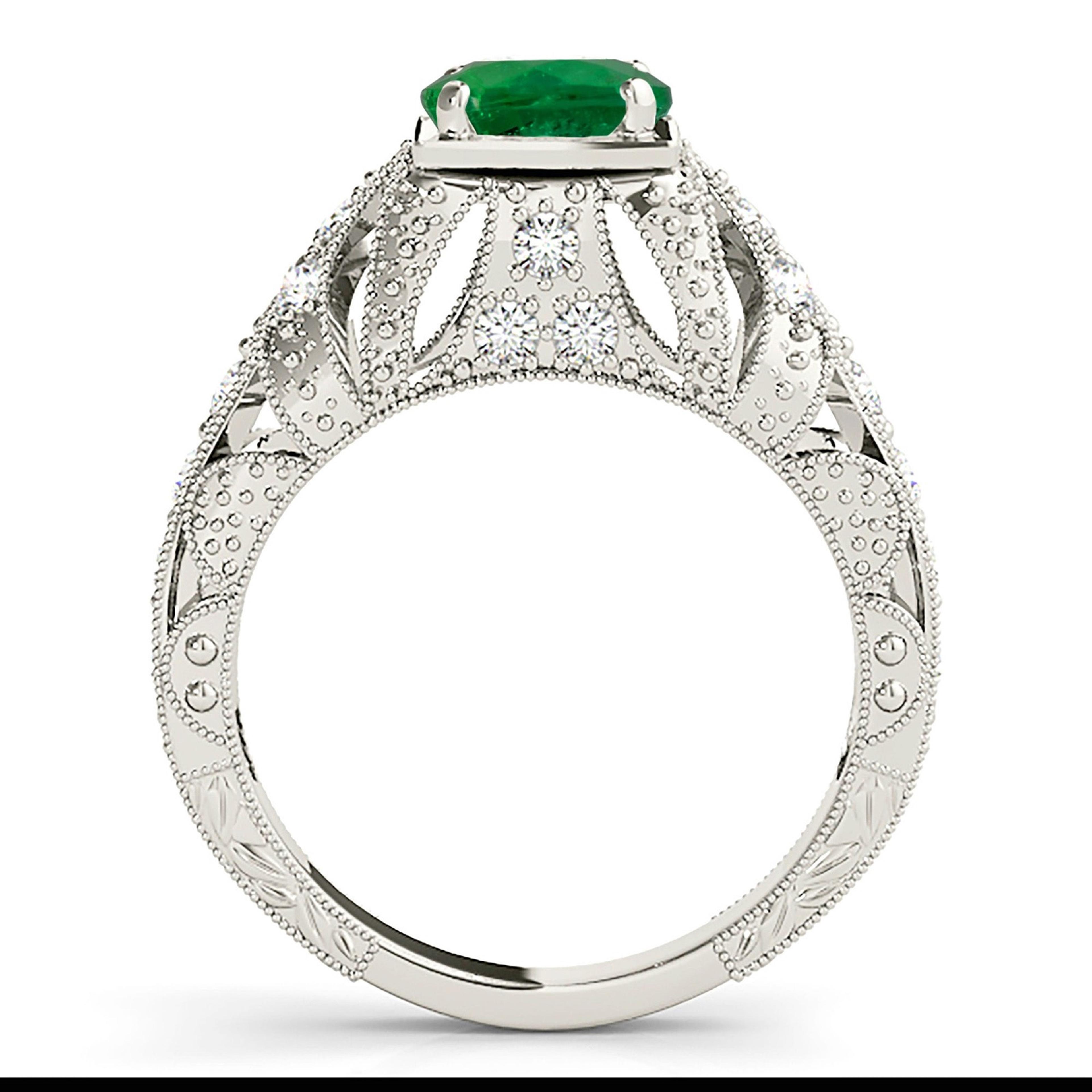 1.14 ct. Genuine Solitaire Emerald Ring With 0.20 ctw. Fancy Diamond Filigree And Milgrain Band-VIRABYANI
