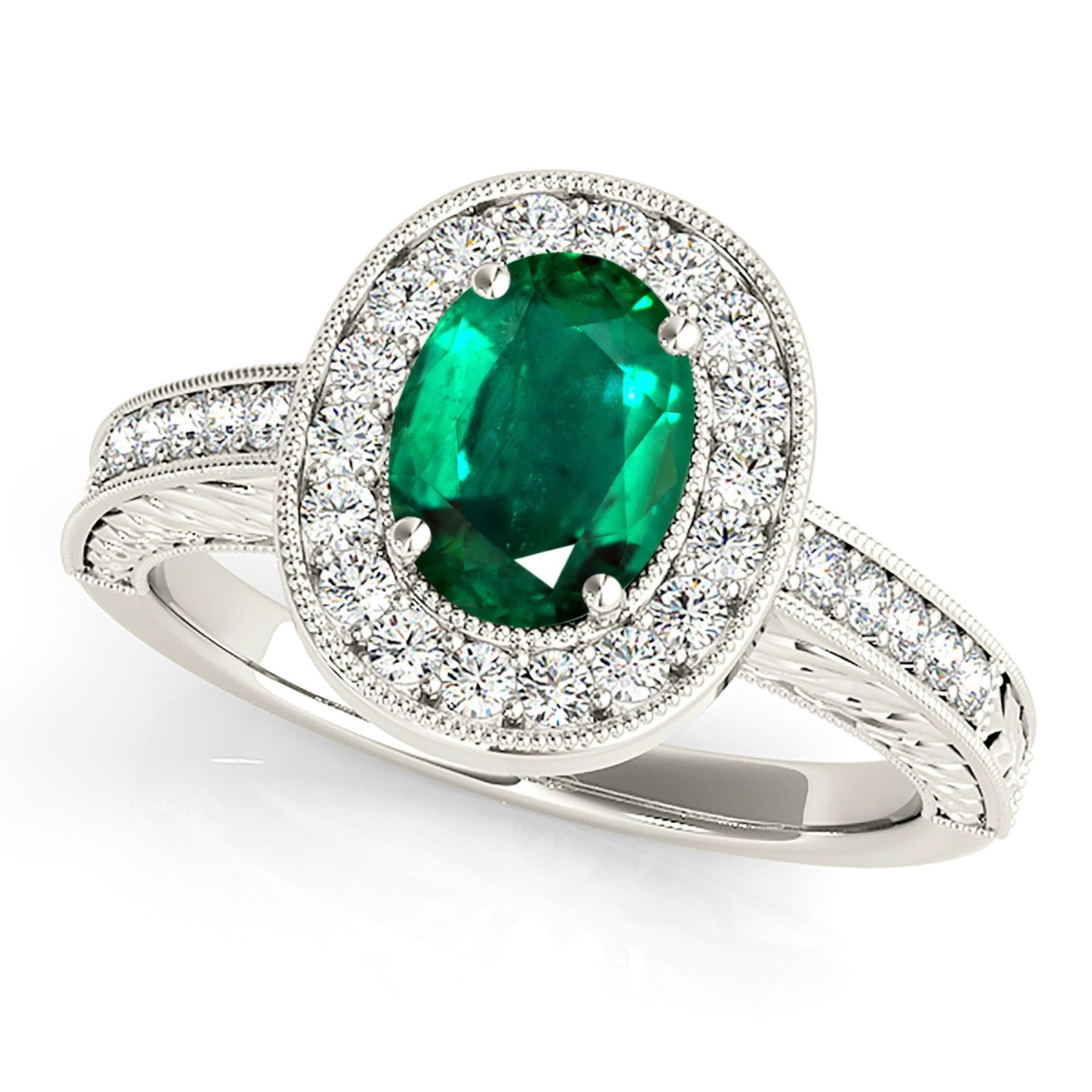 2.00 ct. Genuine Oval Emerald Ring With 0.35 ctw. Diamond Halo,Milgrain And Filigree Diamond Band-VIRABYANI