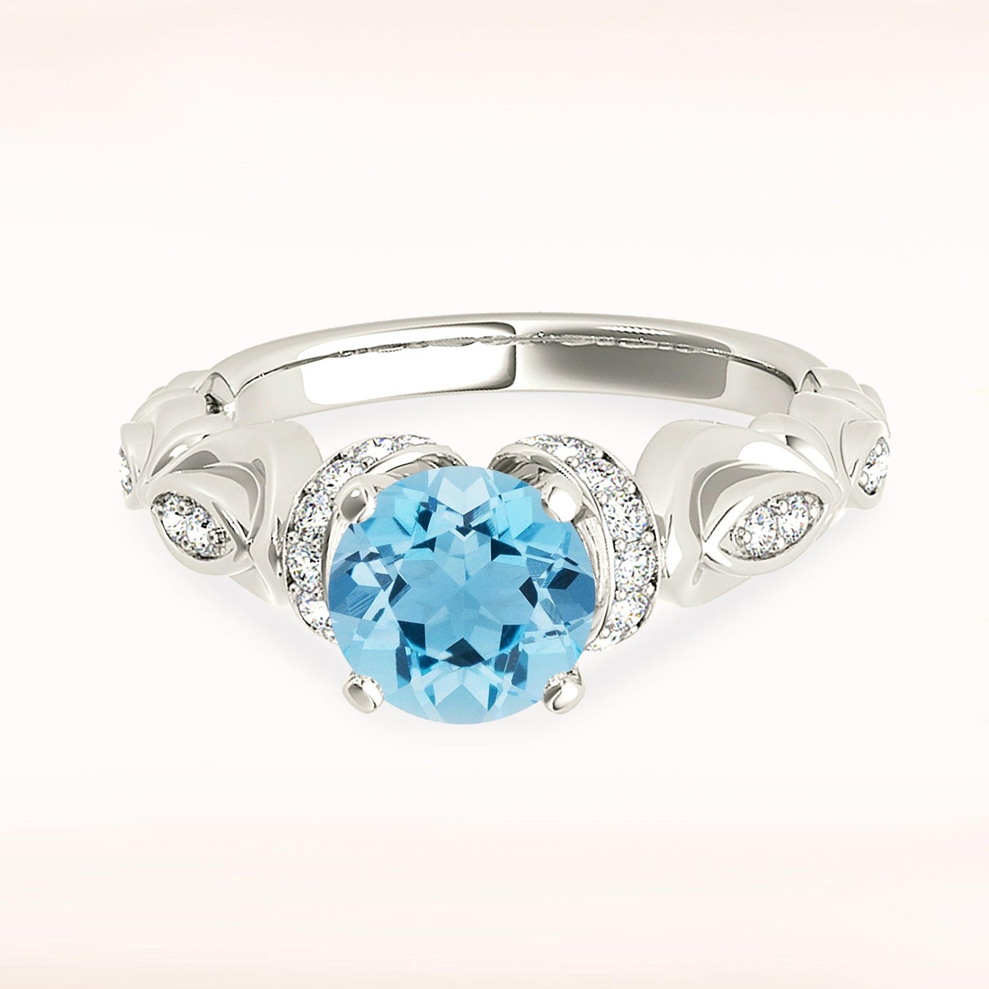 1.75 ct. Genuine Aquamarine Ring With 0.20 ctw. Diamond Hand Carved, Floral Delicate Band | Round Blue Aquamarine Halo Ring-VIRABYANI