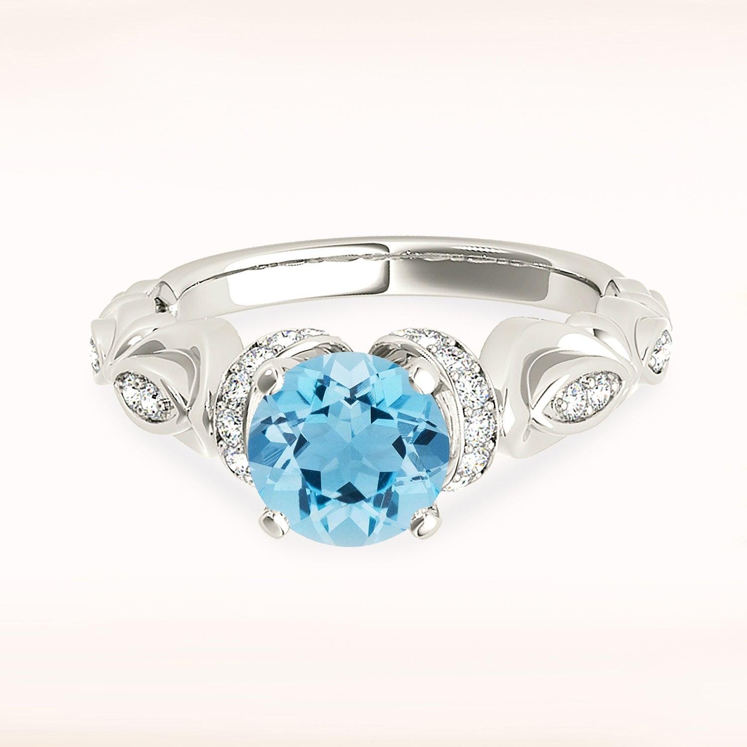 1.75 ct. Genuine Aquamarine Ring With 0.20 ctw. Diamond Hand Carved, Floral Delicate Band | Round Blue Aquamarine Halo Ring-VIRABYANI