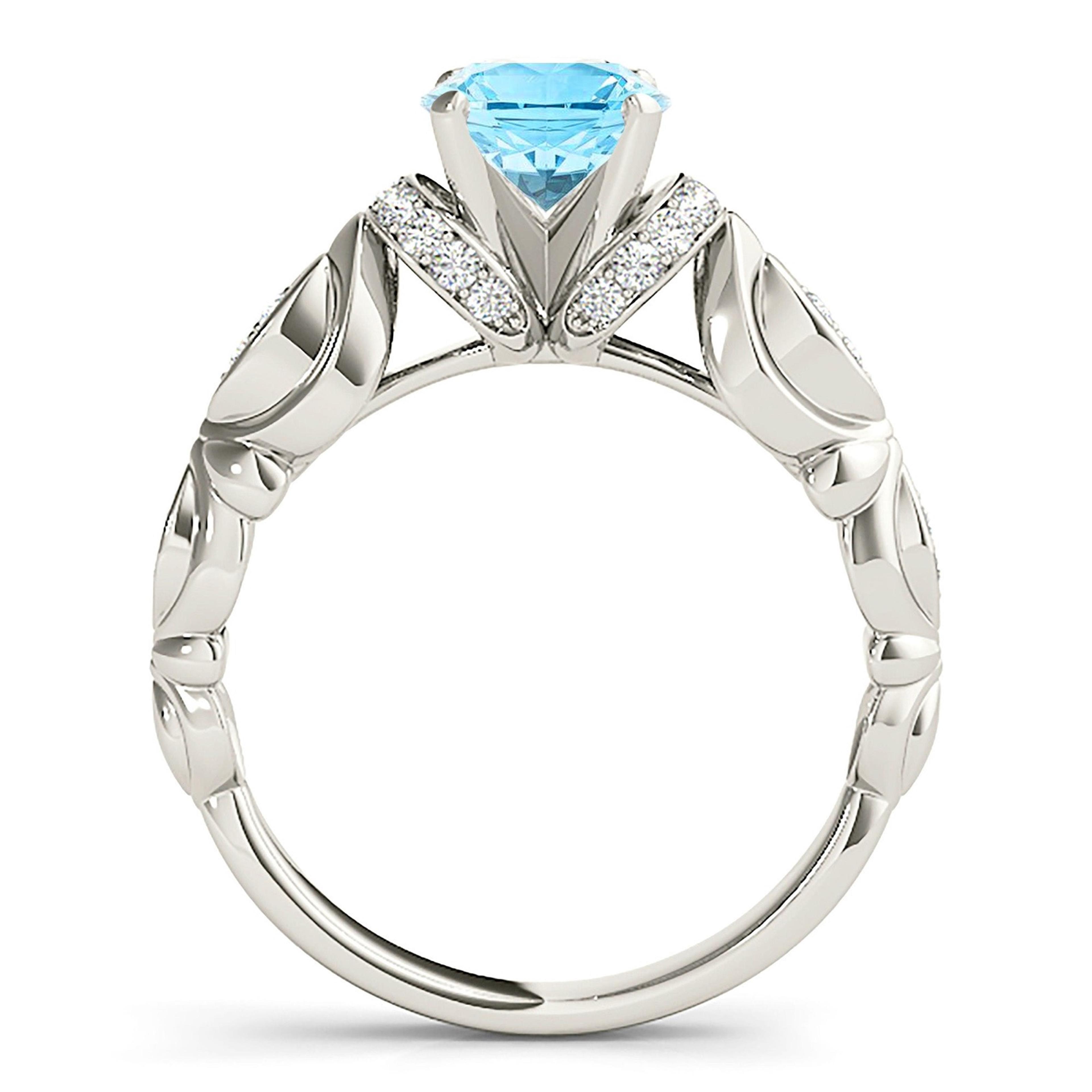 1.75 ct. Genuine Aquamarine Ring With 0.20 ctw. Diamond Hand Carved, Floral Delicate Band | Round Blue Aquamarine Halo Ring-VIRABYANI