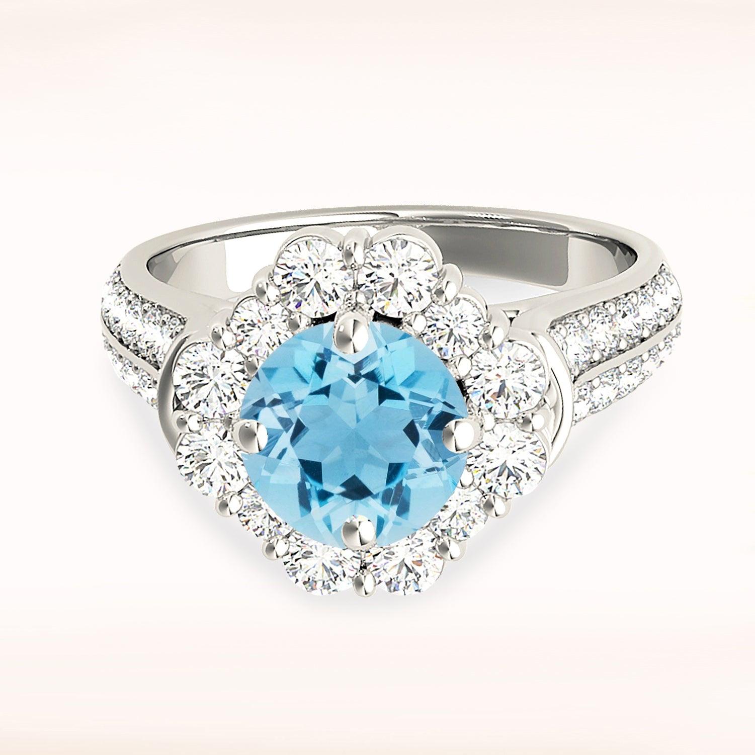 1.75 ct. Genuine Aquamarine Ring With 1.15 ctw. Diamond Fancy Halo And Double Row Diamond Band-VIRABYANI