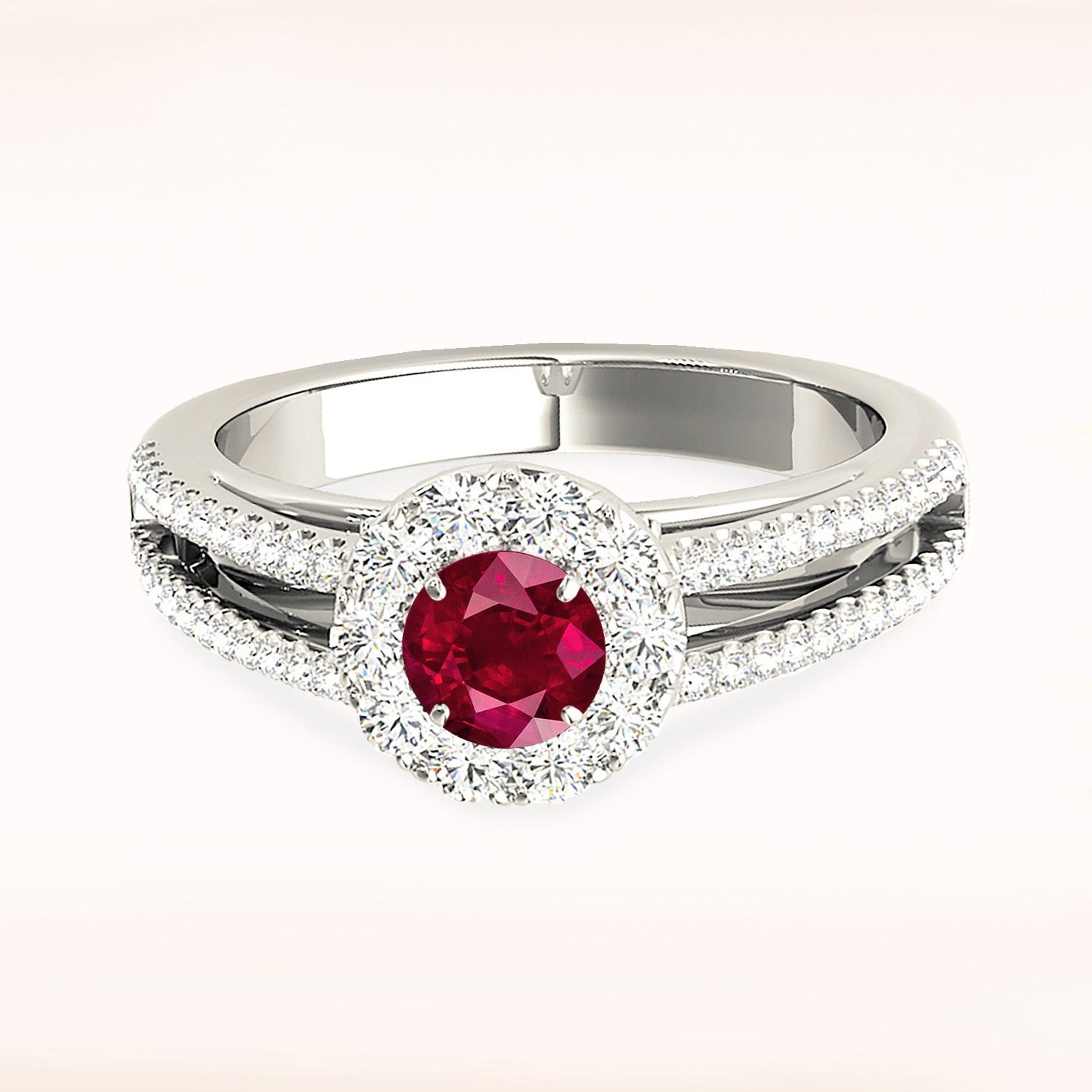 0.95 ct. Genuine Ruby Ring With Halo And Split Diamond Shank