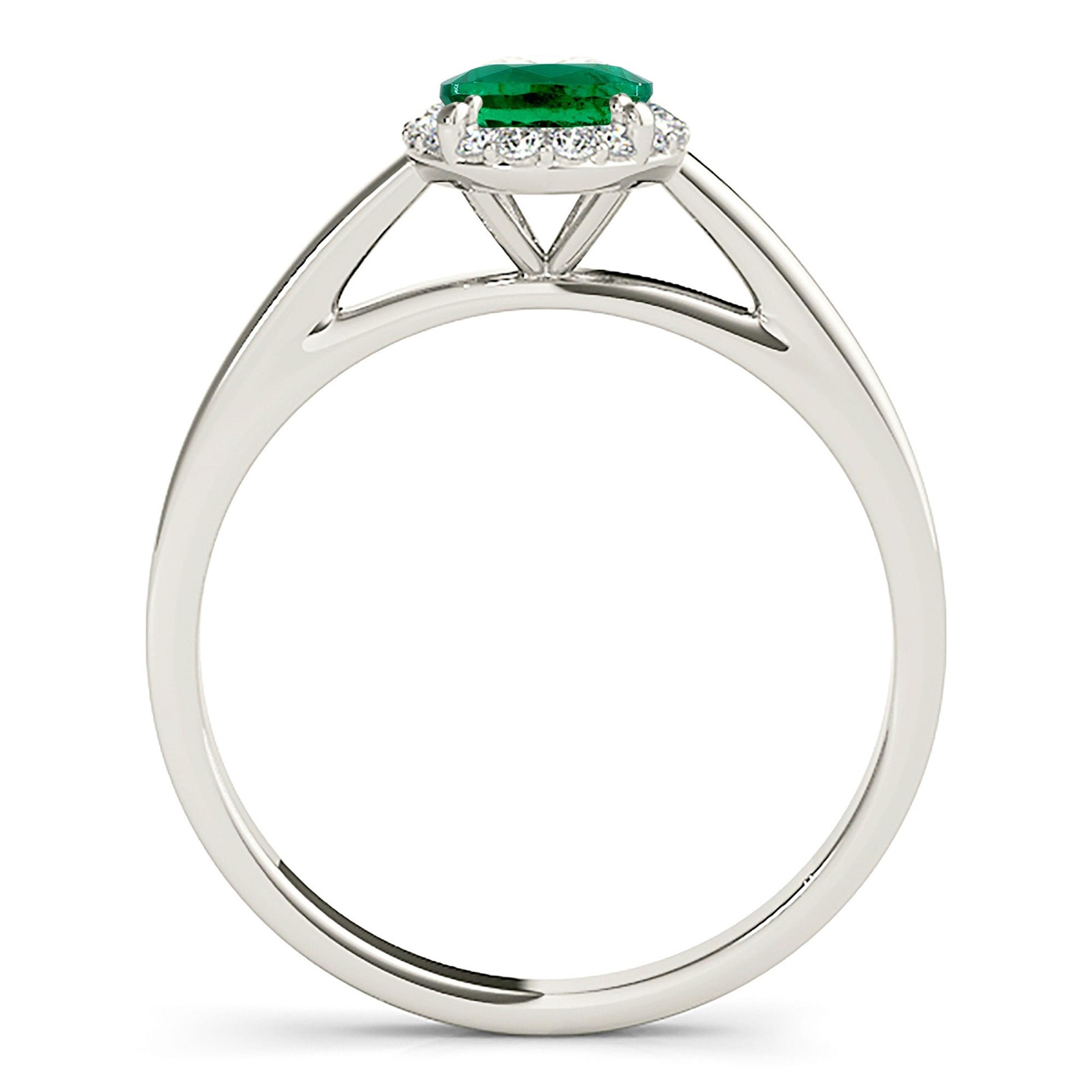 1.30 ct. Genuine Oval Emerald Ring With 0.20 ctw. Diamond Halo,Plain Solitaire Band-VIRABYANI