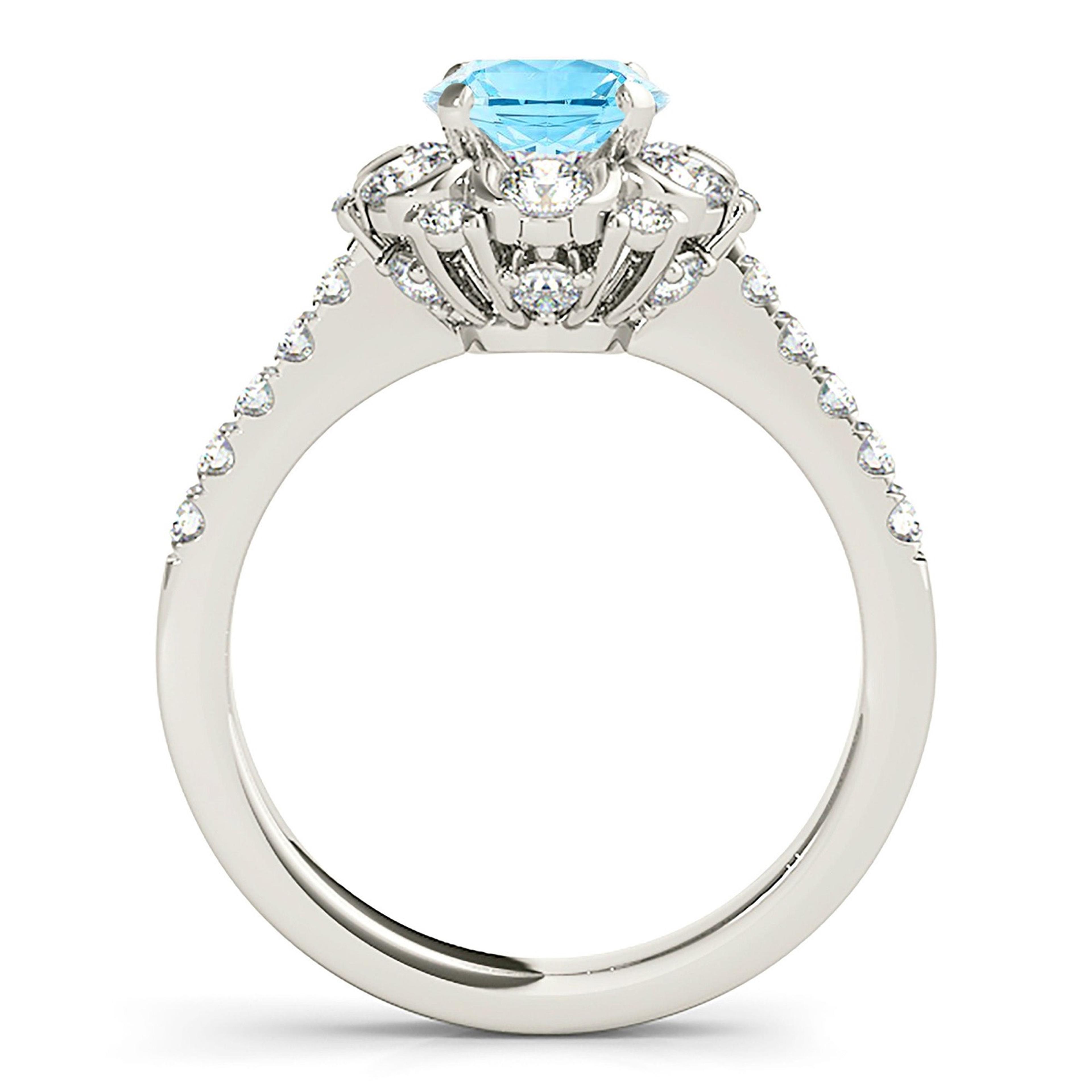 1.10 ct. Genuine Aquamarine Ring With 0.90 ctw. Diamond Floral Halo, Delicate Diamond Band, Fancy Diamond Basket| Blue Aquamarine Halo Ring-VIRABYANI