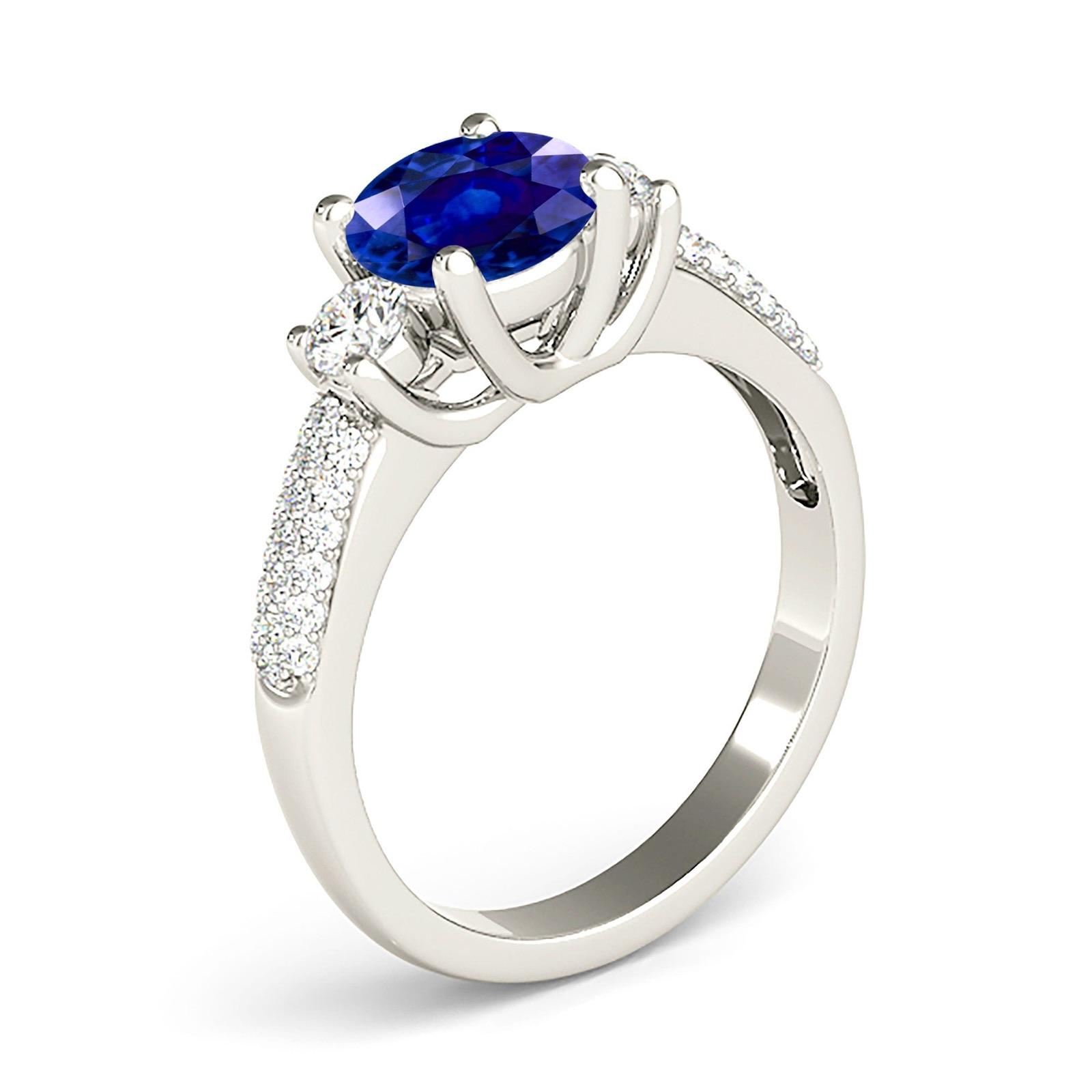 2.41 ct. Genuine Blue Sapphire Three Stone Ring with 0.40 ctw. Three Row Pave Set Side Diamonds-VIRABYANI