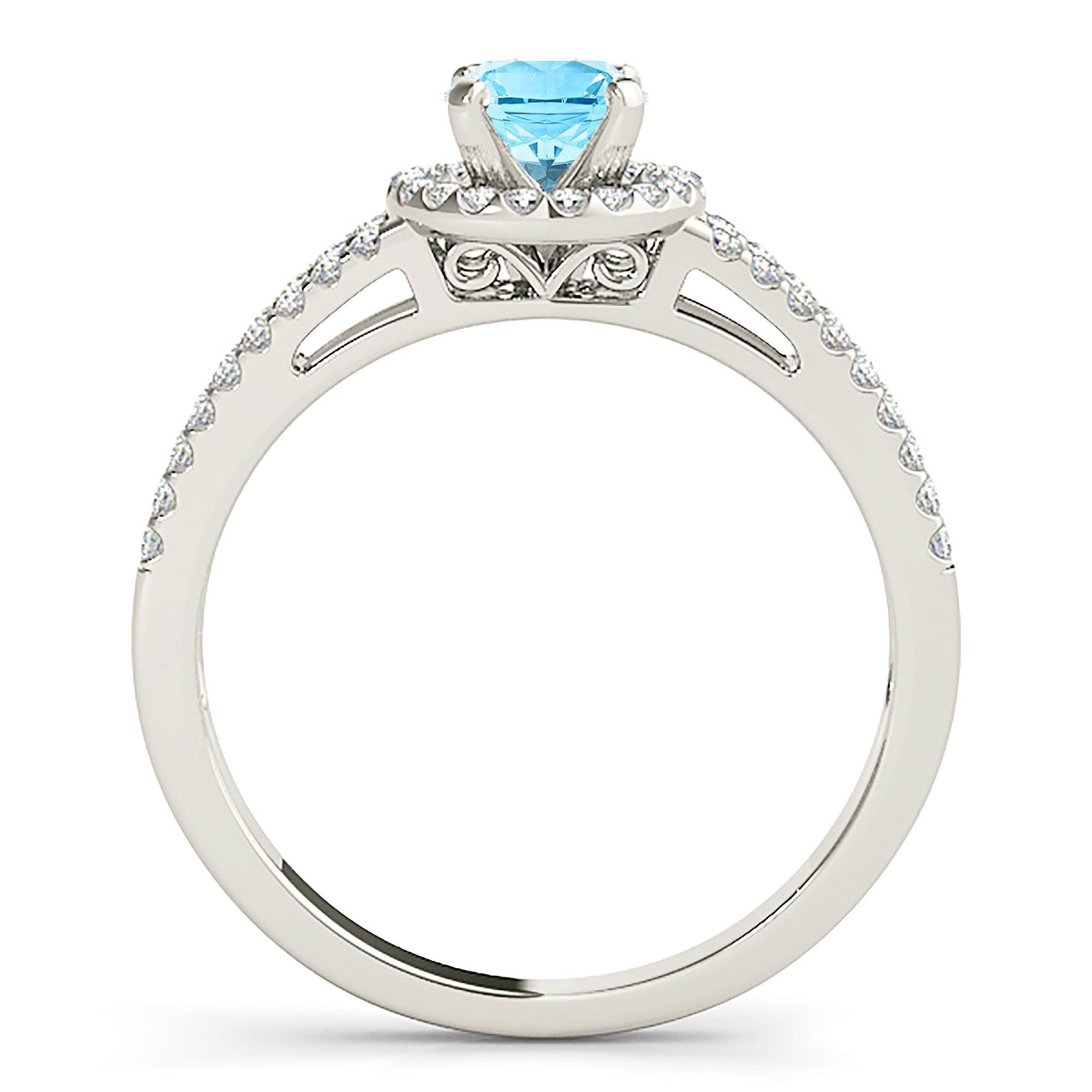 1.00 ct. Genuine Aquamarine Ring With 0.35 ctw. Diamond Halo and Delicate Split Diamond Shank | Round Blue Aquamarine Halo Ring-VIRABYANI