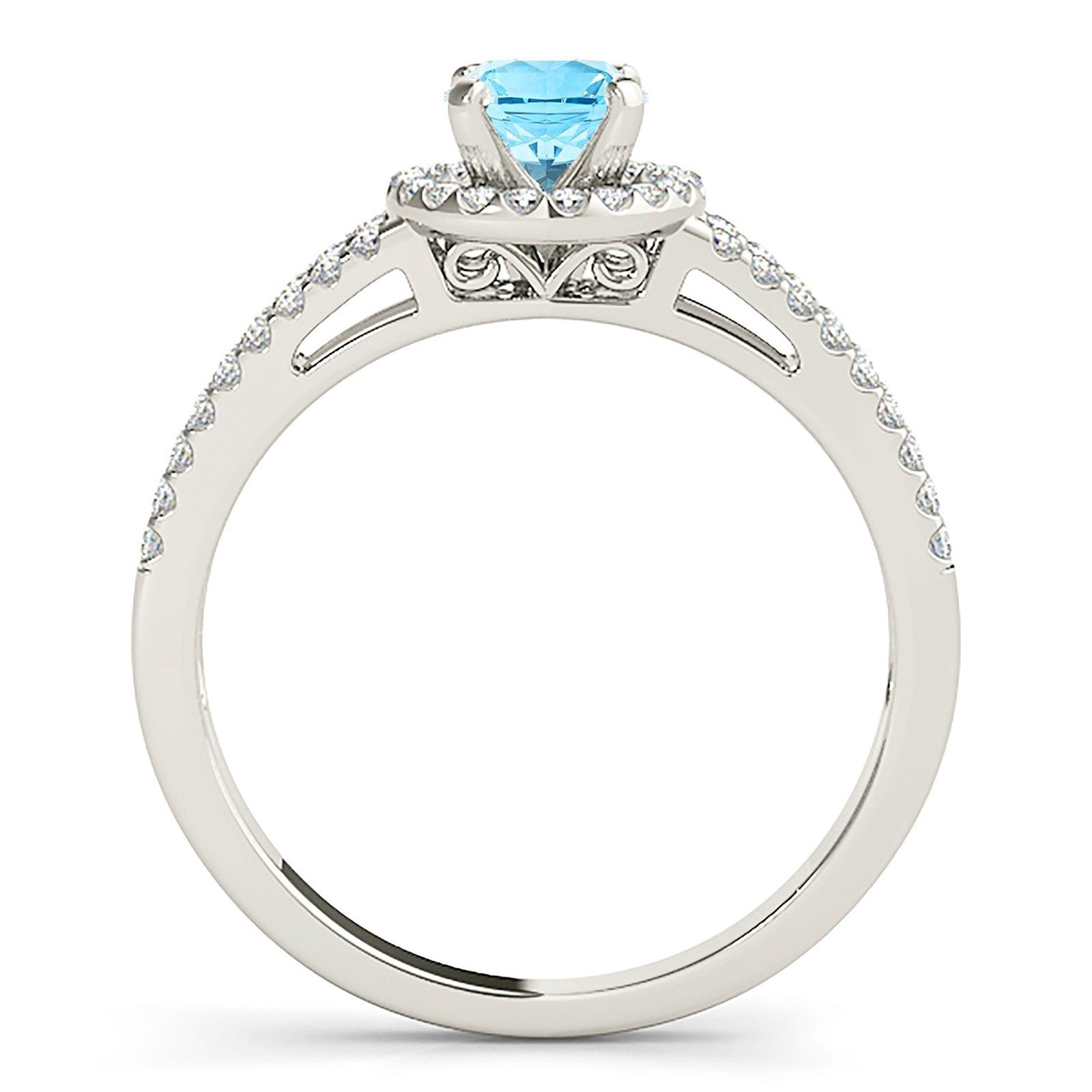 1.00 ct. Genuine Aquamarine Ring With 0.35 ctw. Diamond Halo and Delicate Split Diamond Shank | Round Blue Aquamarine Halo Ring-VIRABYANI