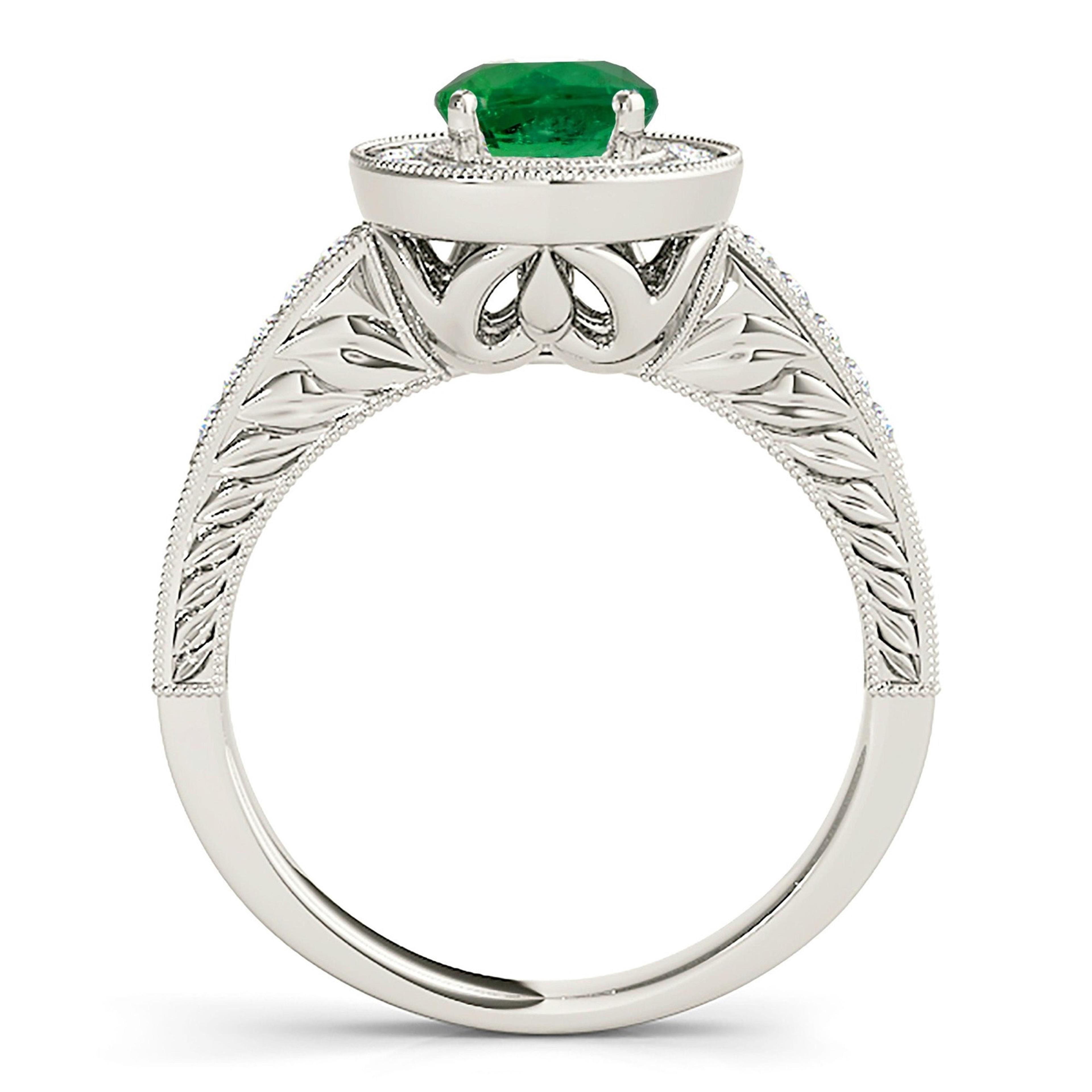 1.68 ct. Genuine Emerald Ring With 0.30 ctw. Diamond Halo and Filigree Milgrain Diamond Band-VIRABYANI