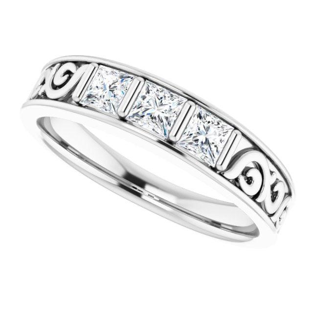 1.0 ctw Bar Set Princess Diamond Men's Ring Filigree Accent