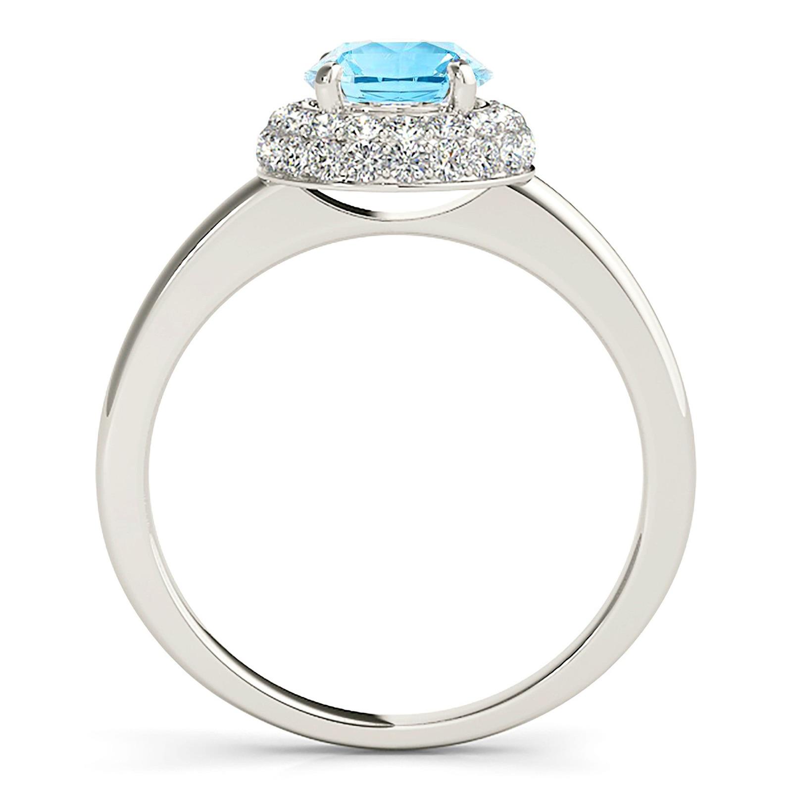 1.10 ct. Genuine Aquamarine Ring With 0.40 ctw. Diamond Double Edge Halo and Solid Gold Rounded Band | Round Blue Aquamarine Halo Ring-VIRABYANI