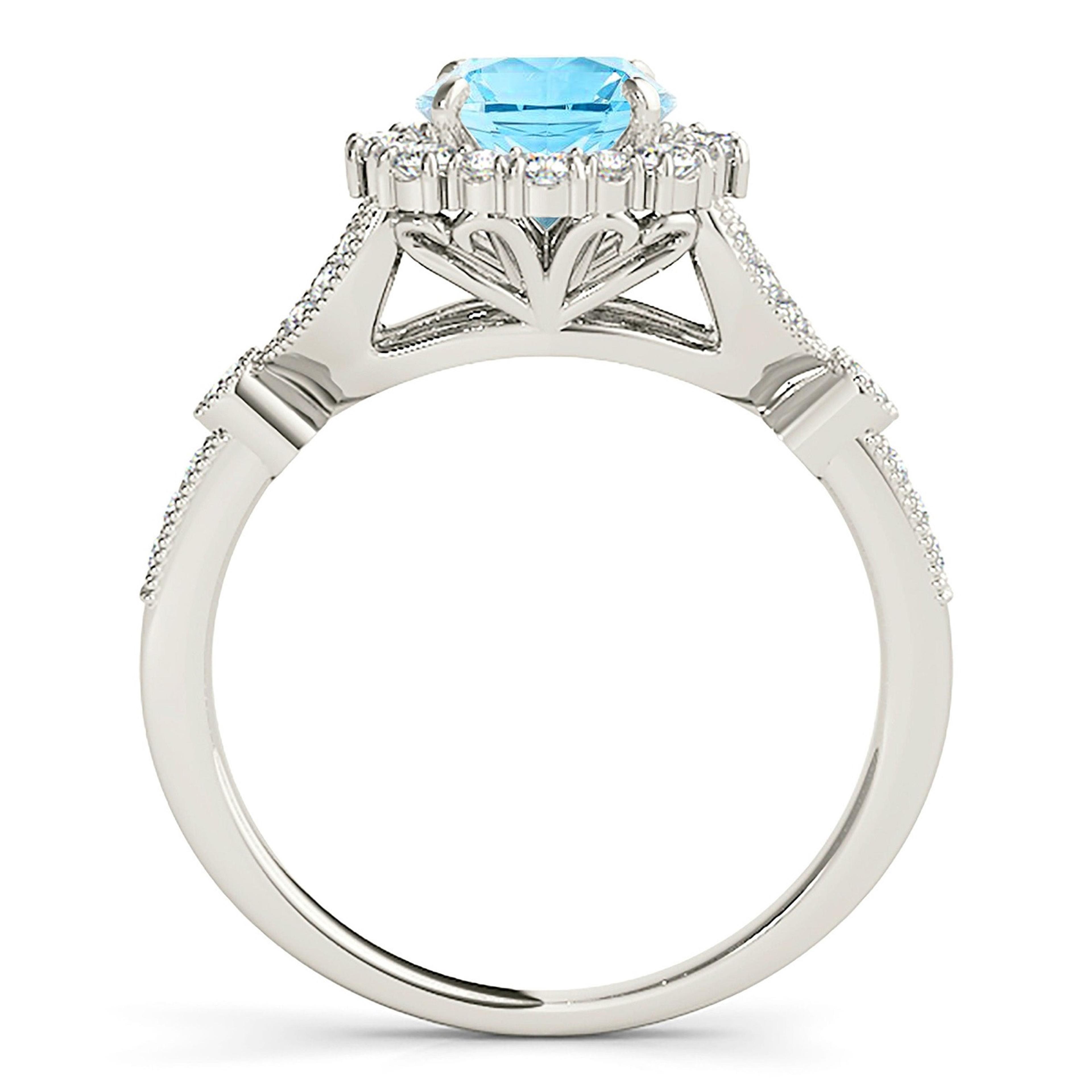 1.10 ct. Genuine Aquamarine Ring With 0.40 ctw. Diamond Flower Halo, Milgrain V Shape Graduating Diamond Band | Blue Aquamarine Halo Ring-VIRABYANI